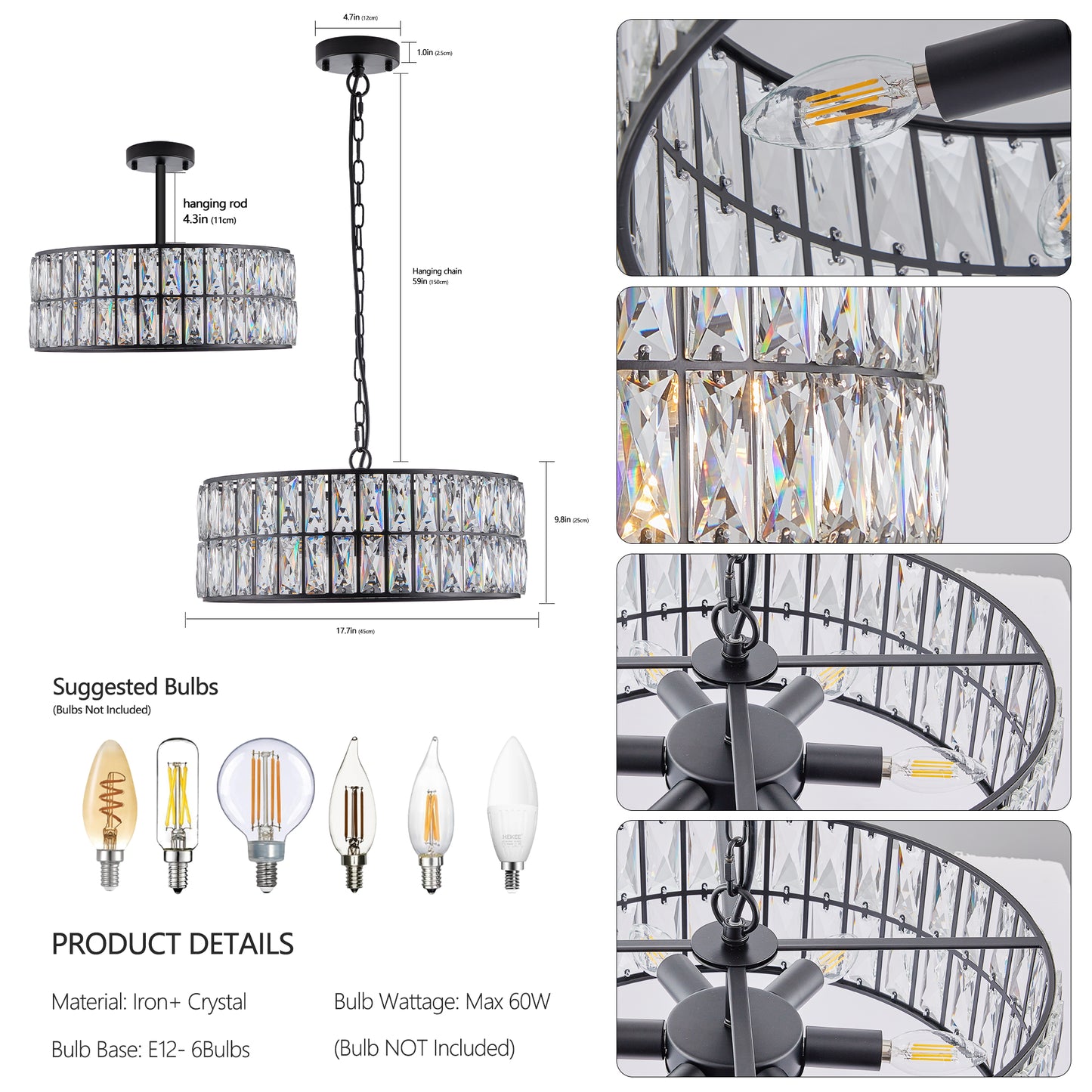 18" Black Modern Crystal Drum Chandelier, 6-Light Pendant Lighting Fixture with Metal Frame for Living Room, Dining Room, and Bedroom (Bulbs Not Included)