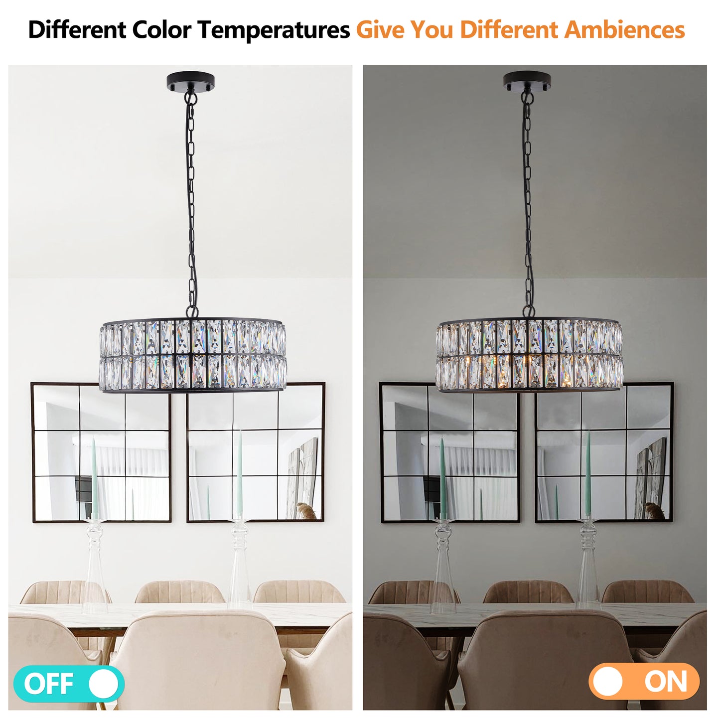 18" Black Modern Crystal Drum Chandelier, 6-Light Pendant Lighting Fixture with Metal Frame for Living Room, Dining Room, and Bedroom (Bulbs Not Included)