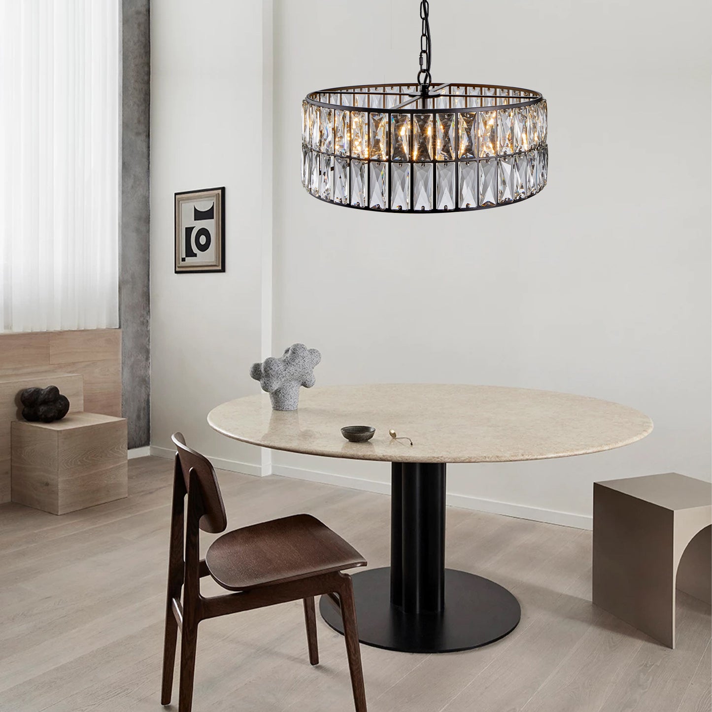 18" Black Modern Crystal Drum Chandelier, 6-Light Pendant Lighting Fixture with Metal Frame for Living Room, Dining Room, and Bedroom (Bulbs Not Included)