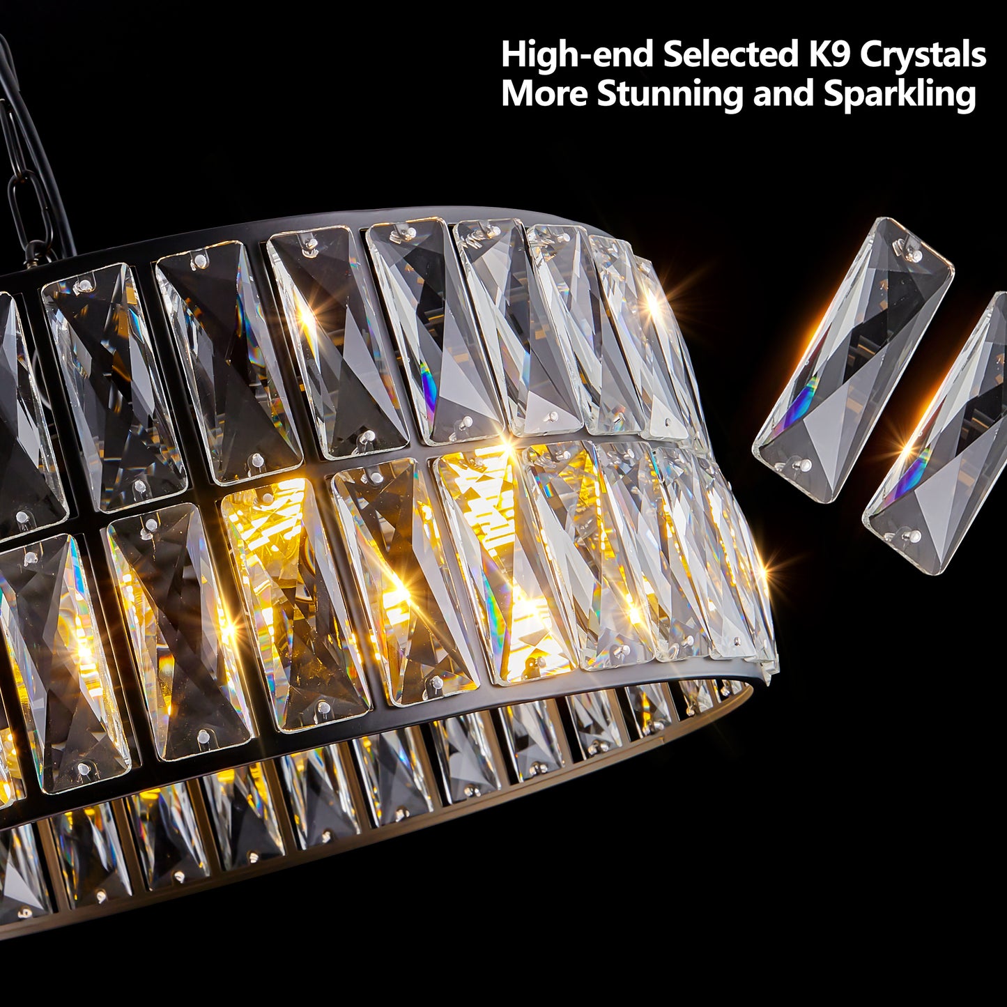 18" Black Modern Crystal Drum Chandelier, 6-Light Pendant Lighting Fixture with Metal Frame for Living Room, Dining Room, and Bedroom (Bulbs Not Included)