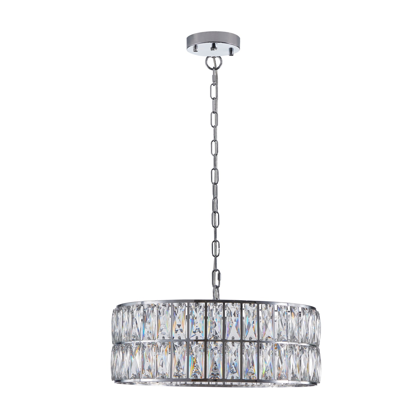 18" Chrome Modern Crystal Drum Chandelier, 6-Light Pendant Lighting Fixture with Metal Frame for Living Room, Dining Room, and Bedroom (Bulbs Not Included)