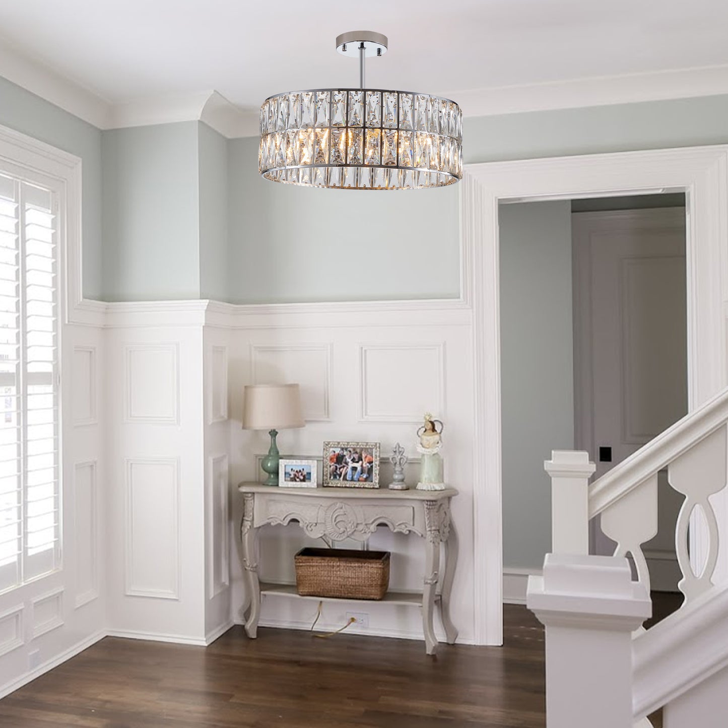 18" Chrome Modern Crystal Drum Chandelier, 6-Light Pendant Lighting Fixture with Metal Frame for Living Room, Dining Room, and Bedroom (Bulbs Not Included)