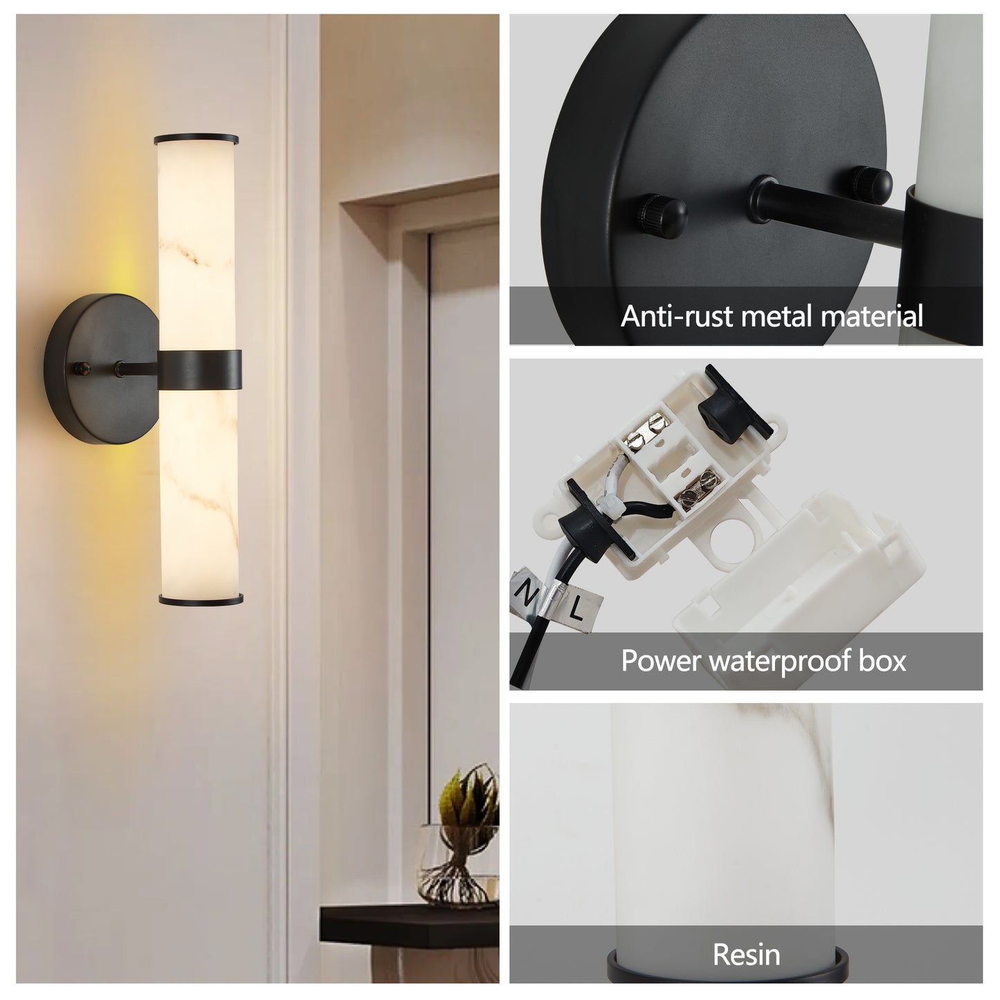 Resin Imitation Marble Texture Wall Light with Black Iron Metal Frame,Set of 2,Elegant Lighting Fixtures for Hallways,Bathrooms,and Bedrooms (Only Indoor)