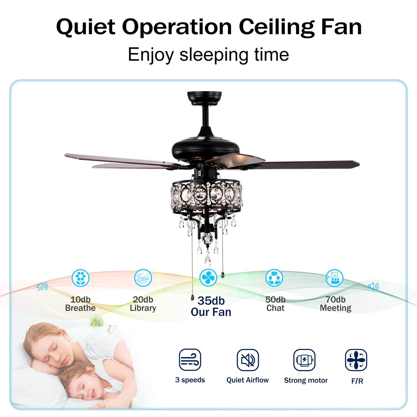 52'' Crystal Shade Ceiling Fan Lamp With Remote Control,3 Speed ,4 Timing , 5 Reversible Blades Crystal Ceiling Fan ,3PCS*E12 (NO Include Bulb) -- Hand Pull Chain