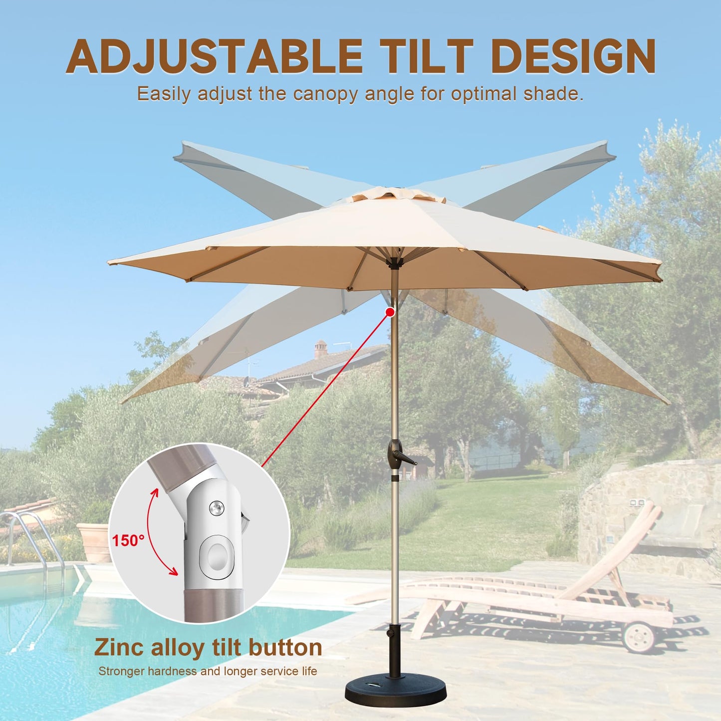 9FT Patio Umbrella, Outdoor Table Umbrella with Push Button Tilt and Crank, UV Protection Waterproof Market Sun Umbrella with 8 Sturdy Ribs for Garden, Deck, Backyard, Pool (Beige)