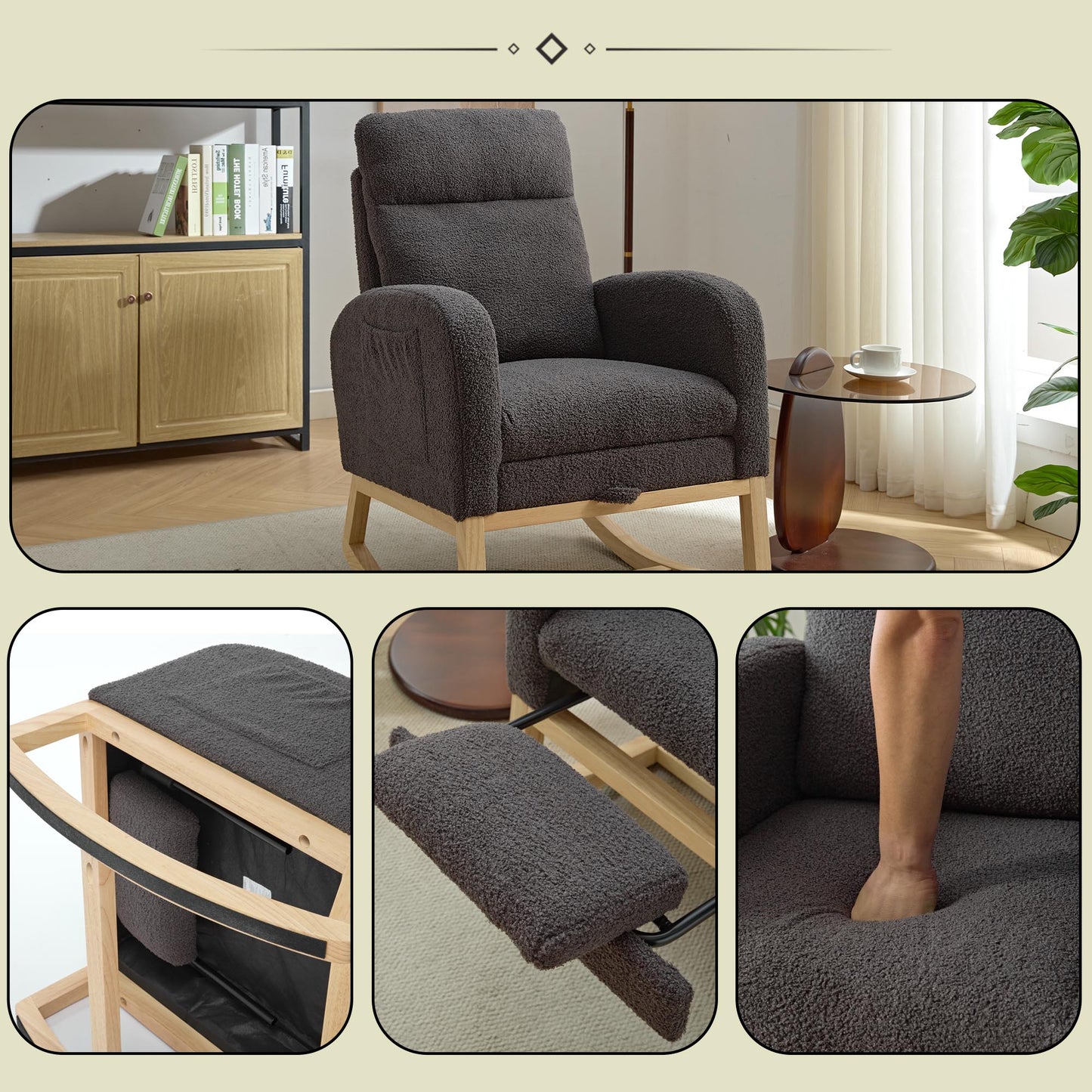 Modern Accent Rocking Chair Rocking Chair with Solid Wood Legs, Upholstered Nursery Glider Rocker, Comfy Armchair with Side Pocket, Living Room Lounge Arm Chair with High Backrest Teddy