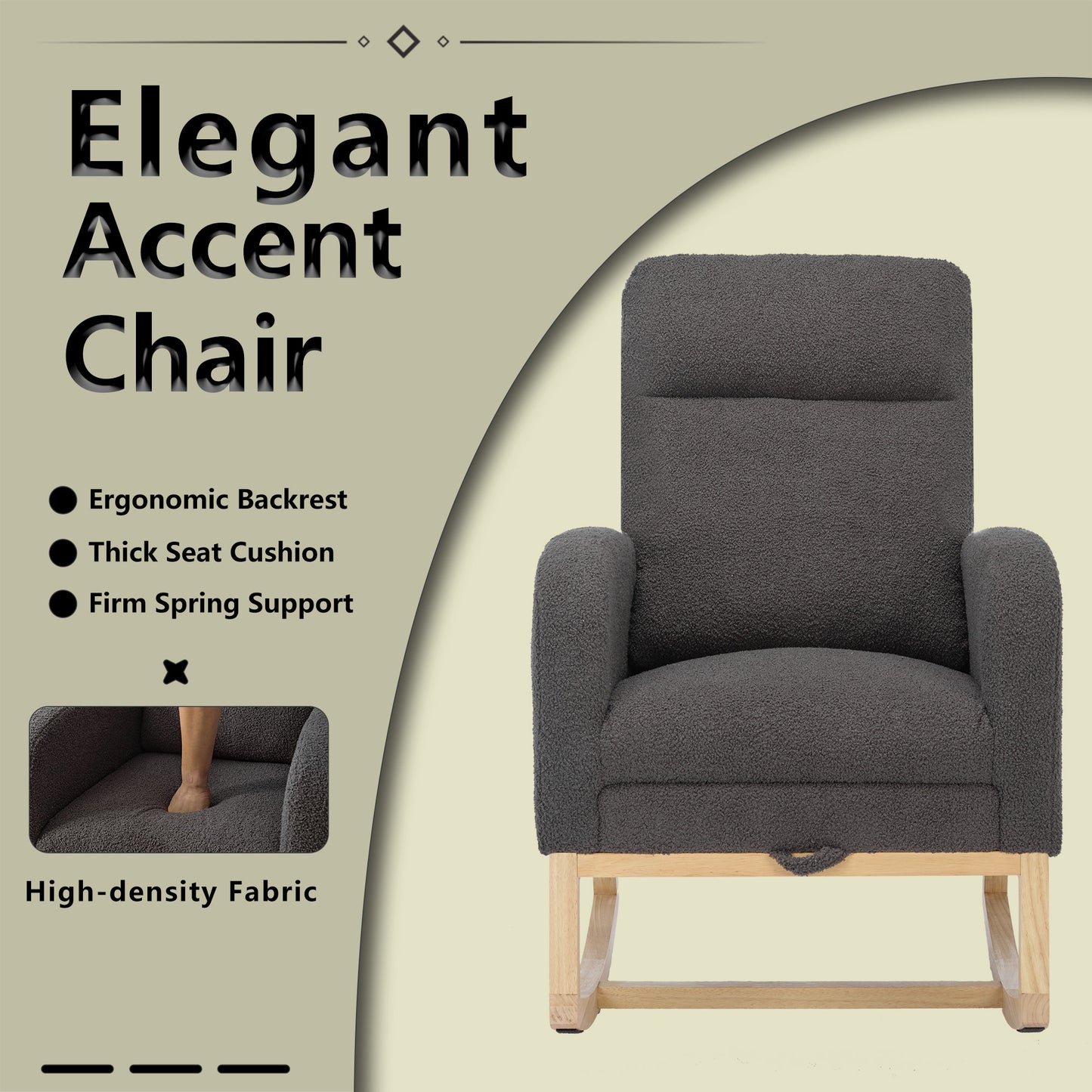 Modern Accent Rocking Chair Rocking Chair with Solid Wood Legs, Upholstered Nursery Glider Rocker, Comfy Armchair with Side Pocket, Living Room Lounge Arm Chair with High Backrest Teddy