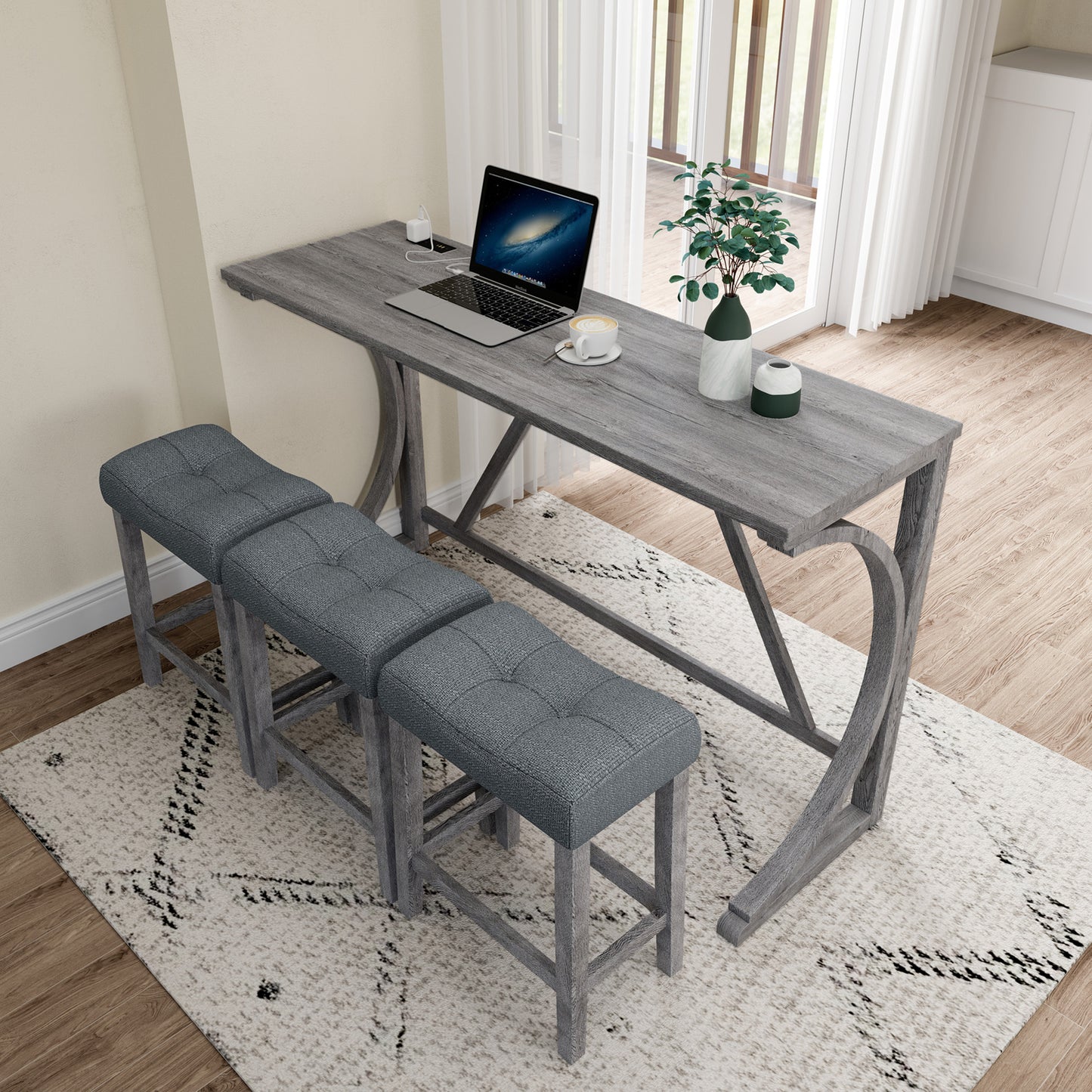 Bar Table Set with Power Outlet, Bar Table and Chairs Set, 4 Piece Dining Table Set, Industrial Breakfast Table Set, for Living Room, Dining Room, Game Room