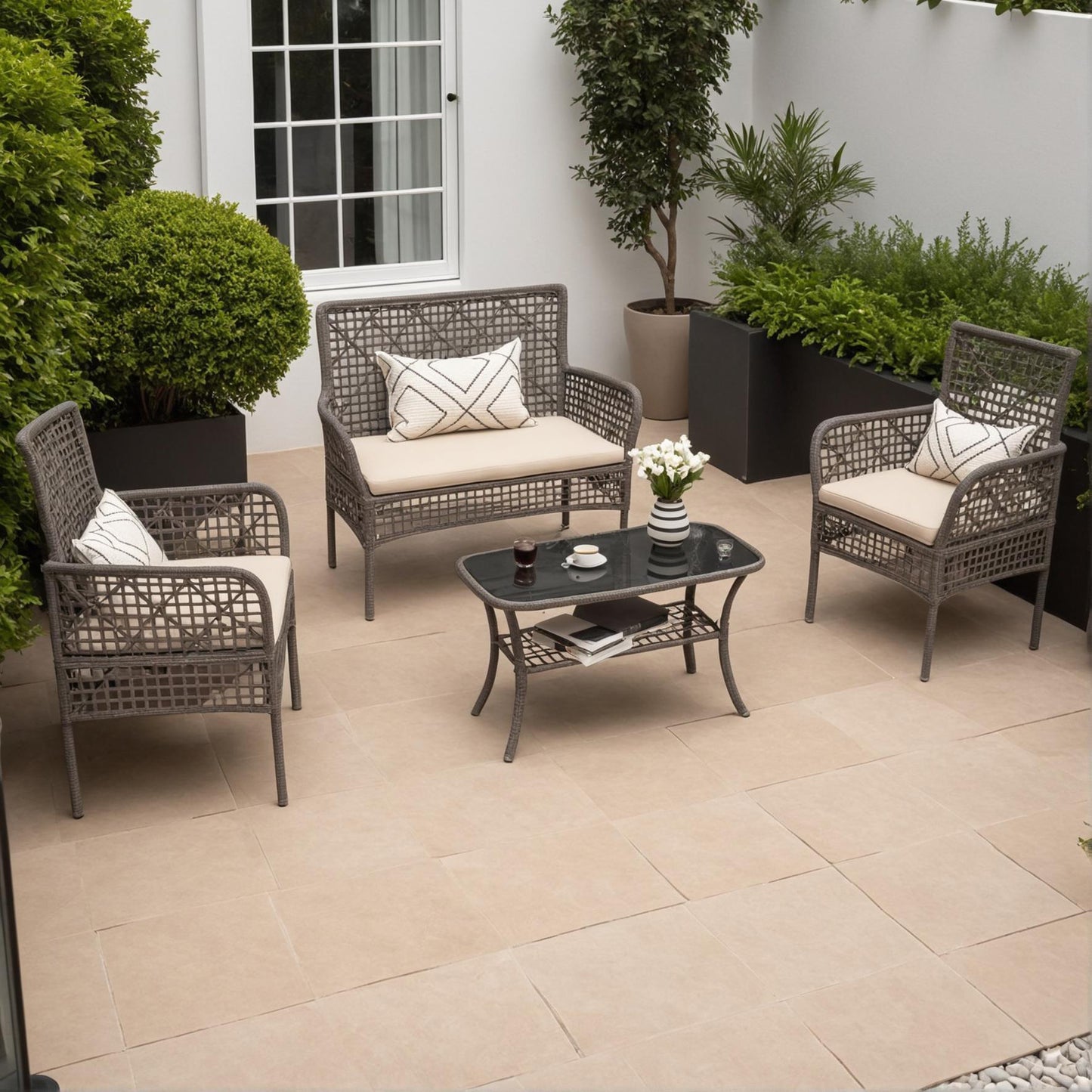 4 Pieces Outdoor Patio Furniture Set,PE Rattan Wicker Garden Conversation Chairs with Tempered Glass Table and Soft Cushions for Backyard Pool or Lawn