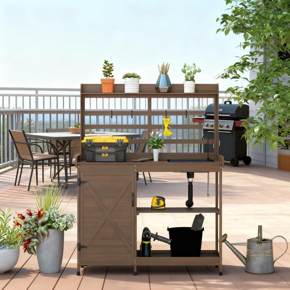 Potting Bench,Wooden Potting Bench with Storage, Sink, Water Tap