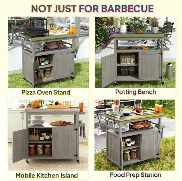 Storage Cabinets with Stainless Steel Top,Outdoor Grill Cart,Solid Wood Outdoor Kitchen Island with Wheels
