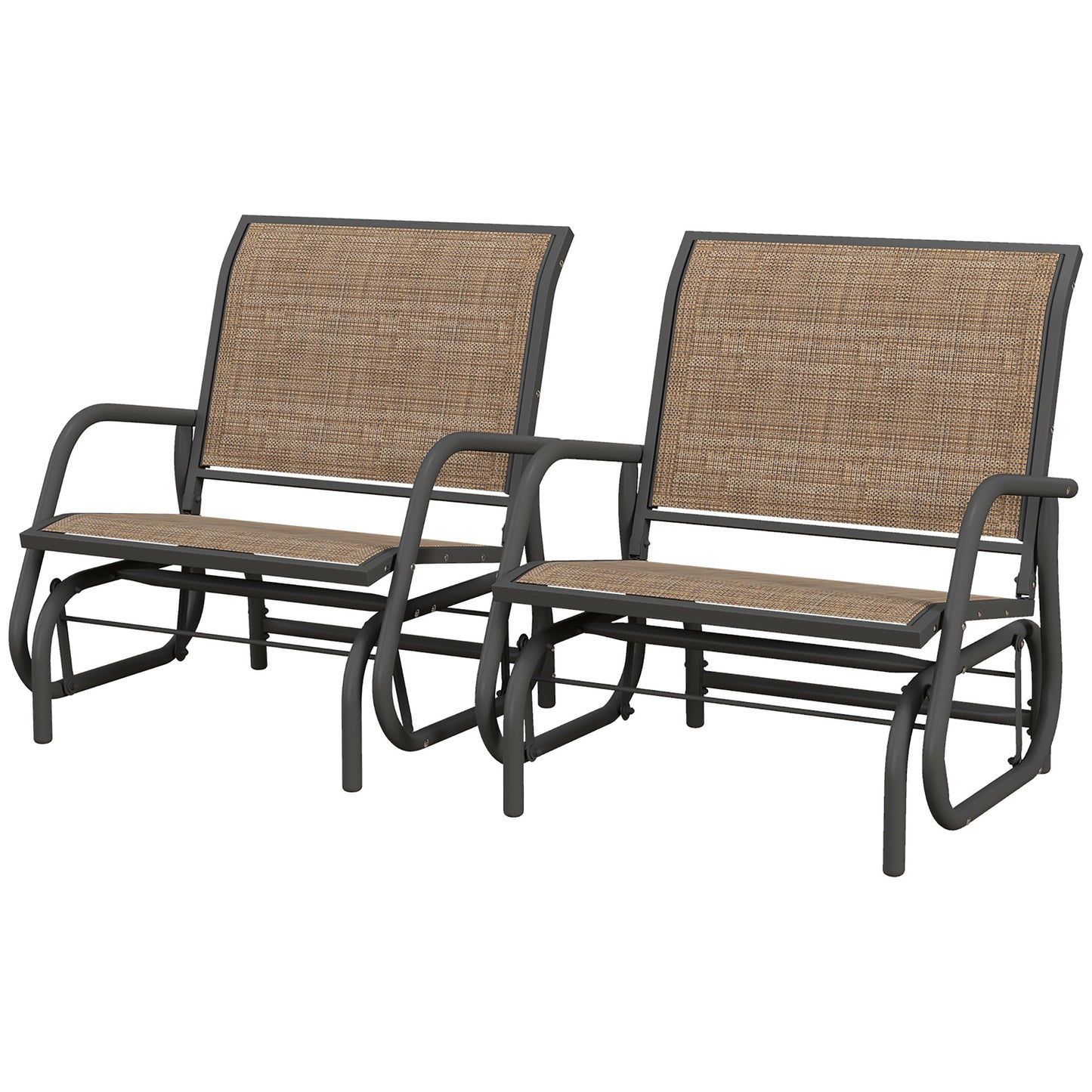 Outsunny Porch Glider Set of 2, Metal Frame Swing Glider Chairs with Breathable Mesh Fabric, Curved Armrests and Steel Frame for Garden, Poolside, Backyard, Balcony, Light Mixed Brown