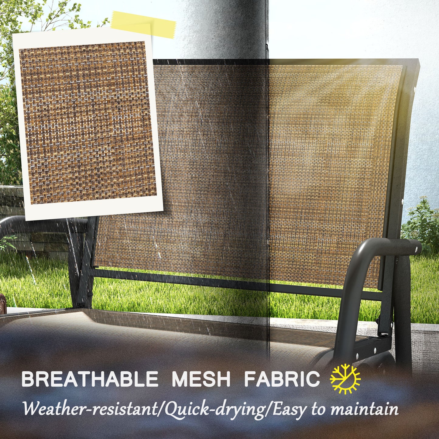 Outsunny Porch Glider Set of 2, Metal Frame Swing Glider Chairs with Breathable Mesh Fabric, Curved Armrests and Steel Frame for Garden, Poolside, Backyard, Balcony, Light Mixed Brown