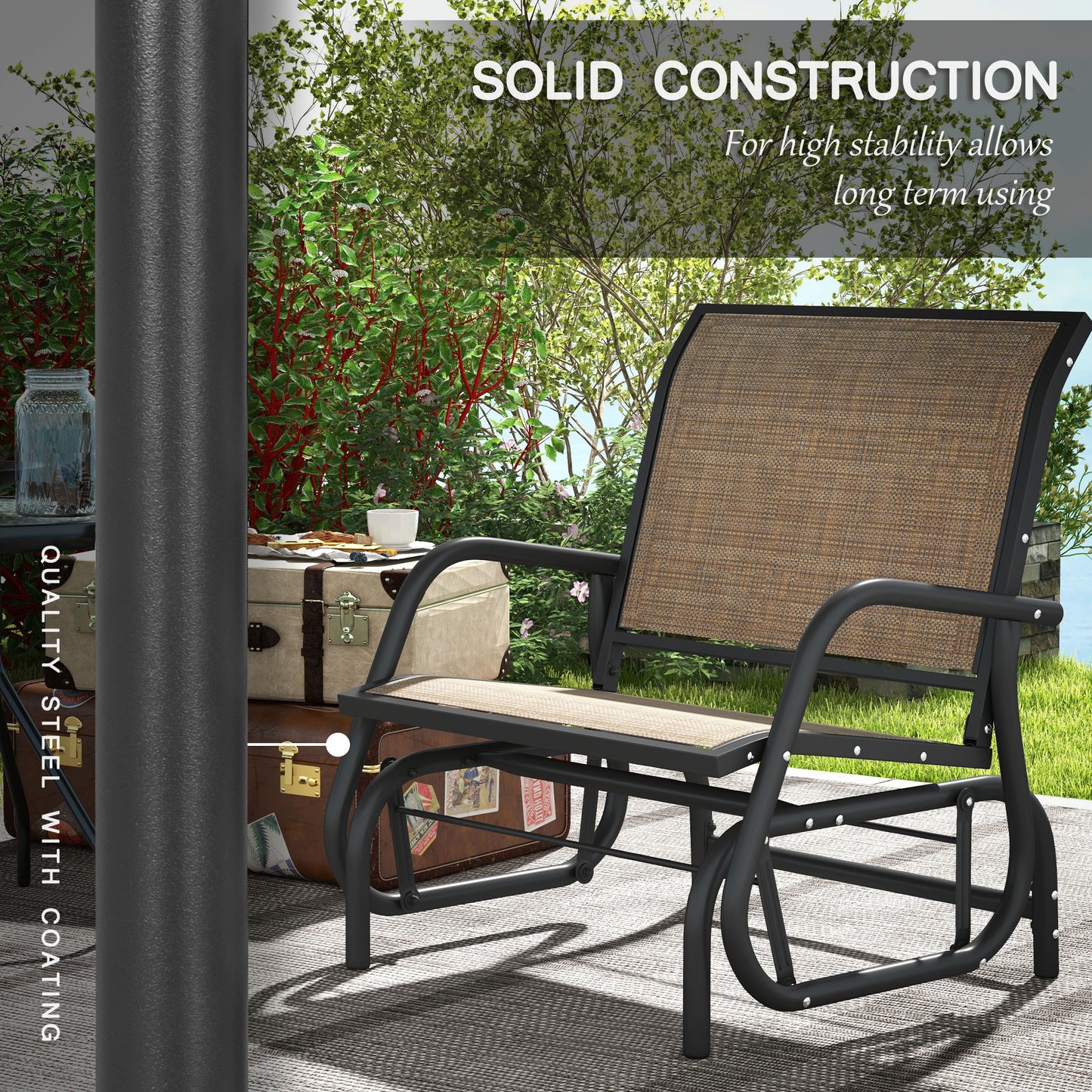 Outsunny Porch Glider Set of 2, Metal Frame Swing Glider Chairs with Breathable Mesh Fabric, Curved Armrests and Steel Frame for Garden, Poolside, Backyard, Balcony, Light Mixed Brown