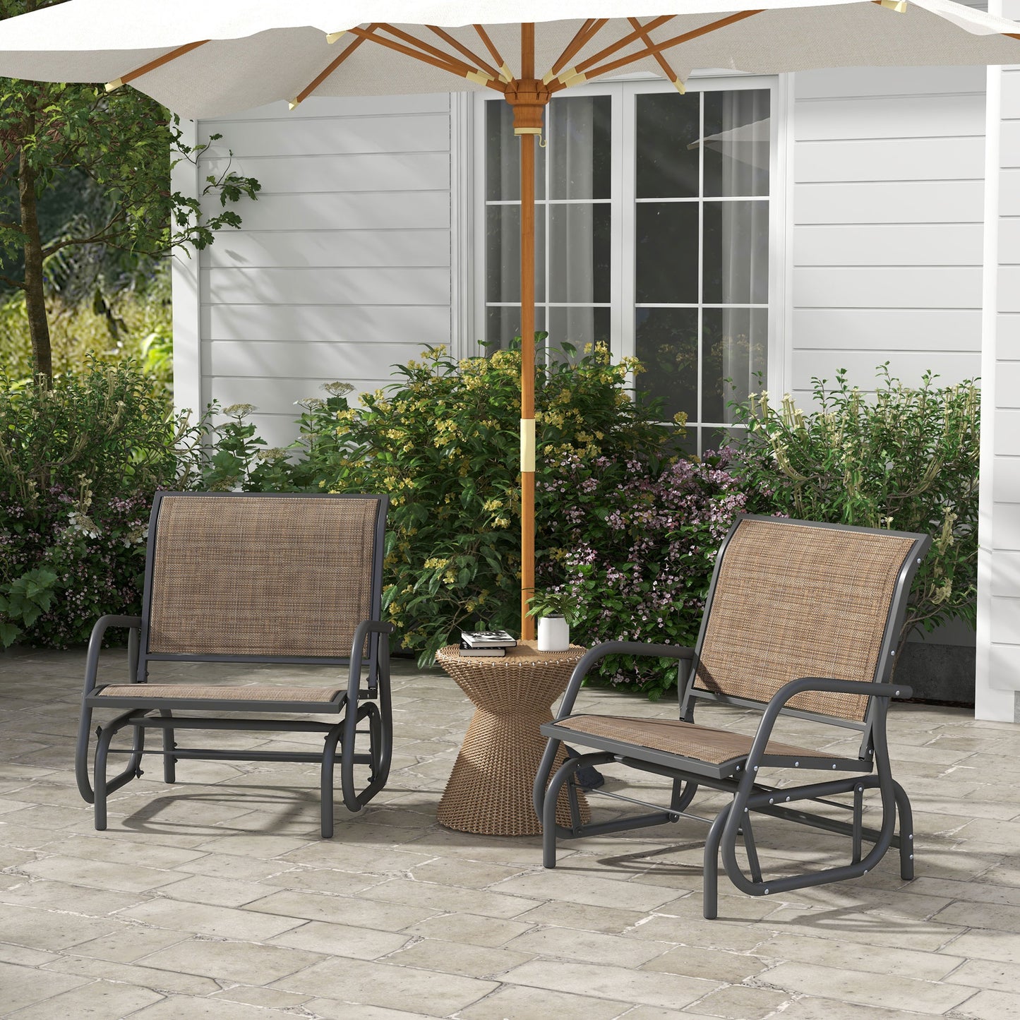 Outsunny Porch Glider Set of 2, Metal Frame Swing Glider Chairs with Breathable Mesh Fabric, Curved Armrests and Steel Frame for Garden, Poolside, Backyard, Balcony, Light Mixed Brown