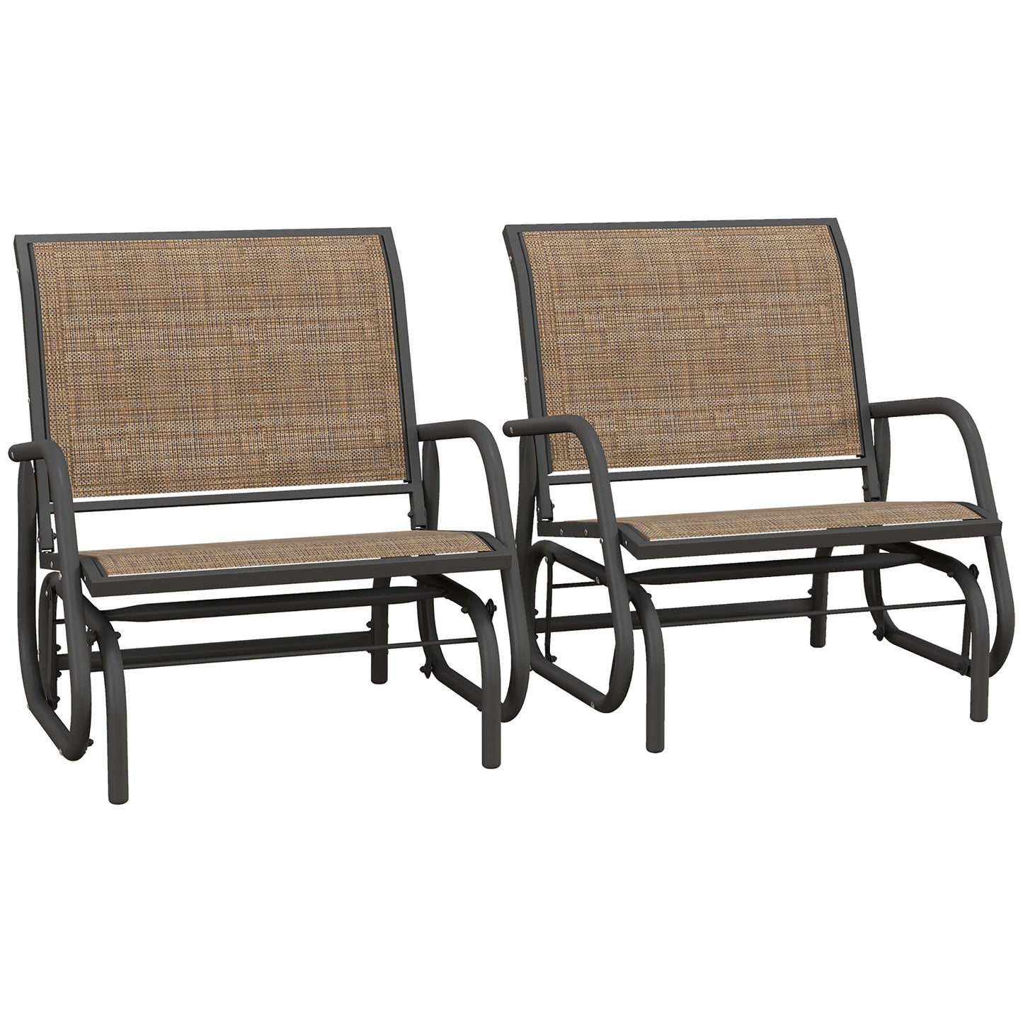 Outsunny Porch Glider Set of 2, Metal Frame Swing Glider Chairs with Breathable Mesh Fabric, Curved Armrests and Steel Frame for Garden, Poolside, Backyard, Balcony, Light Mixed Brown