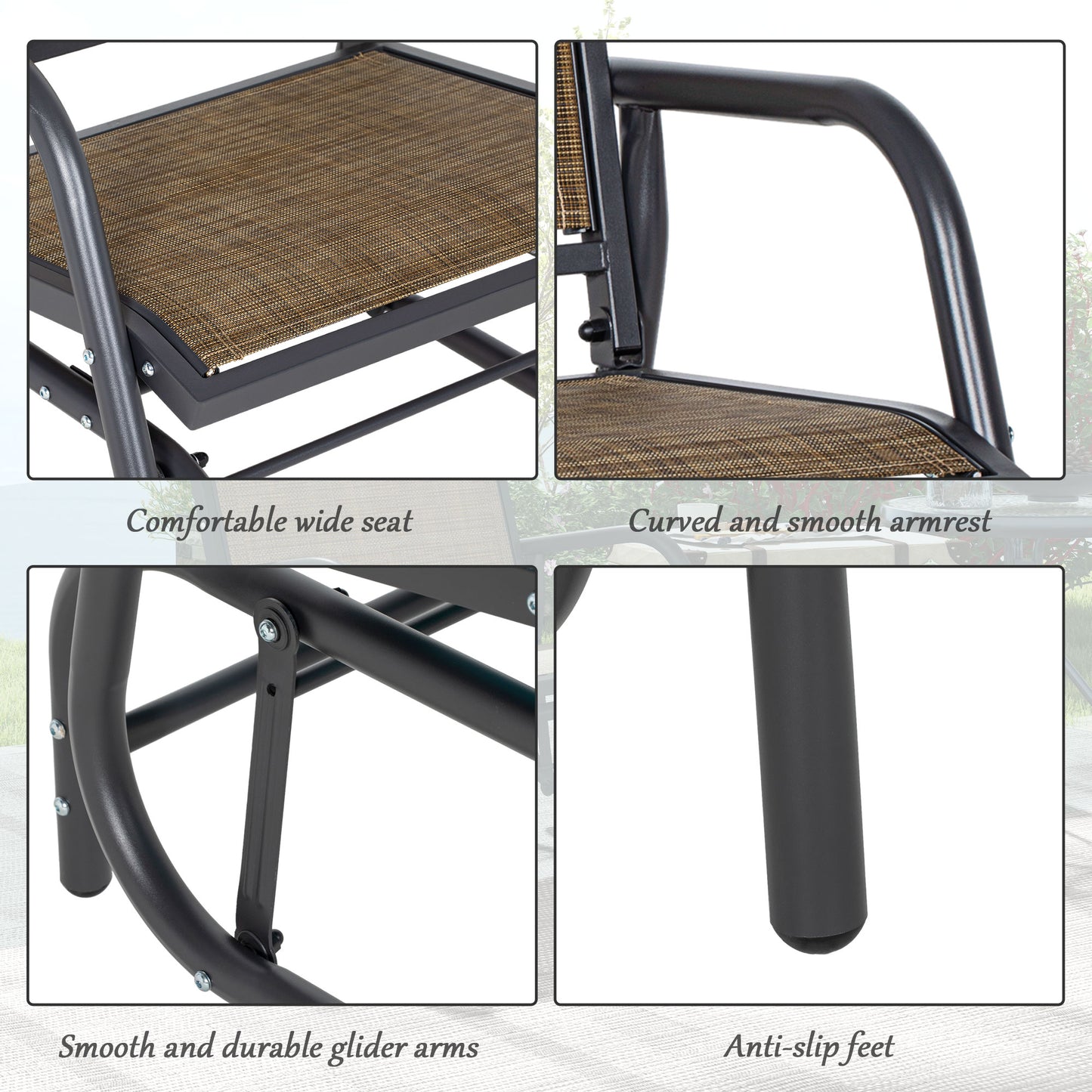 Outsunny Porch Glider Set of 2, Metal Frame Swing Glider Chairs with Breathable Mesh Fabric, Curved Armrests and Steel Frame for Garden, Poolside, Backyard, Balcony, Light Mixed Brown