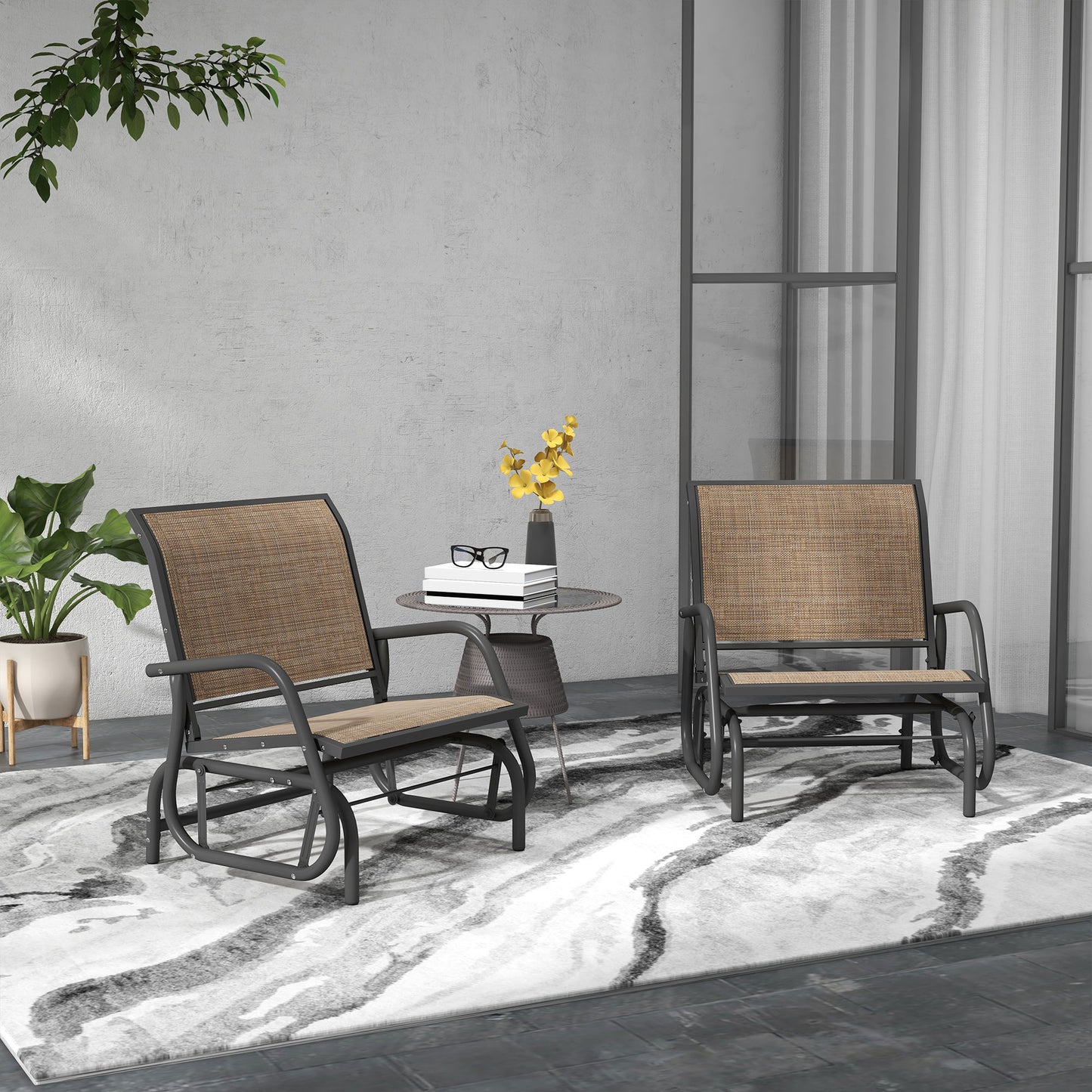 Outsunny Porch Glider Set of 2, Metal Frame Swing Glider Chairs with Breathable Mesh Fabric, Curved Armrests and Steel Frame for Garden, Poolside, Backyard, Balcony, Light Mixed Brown