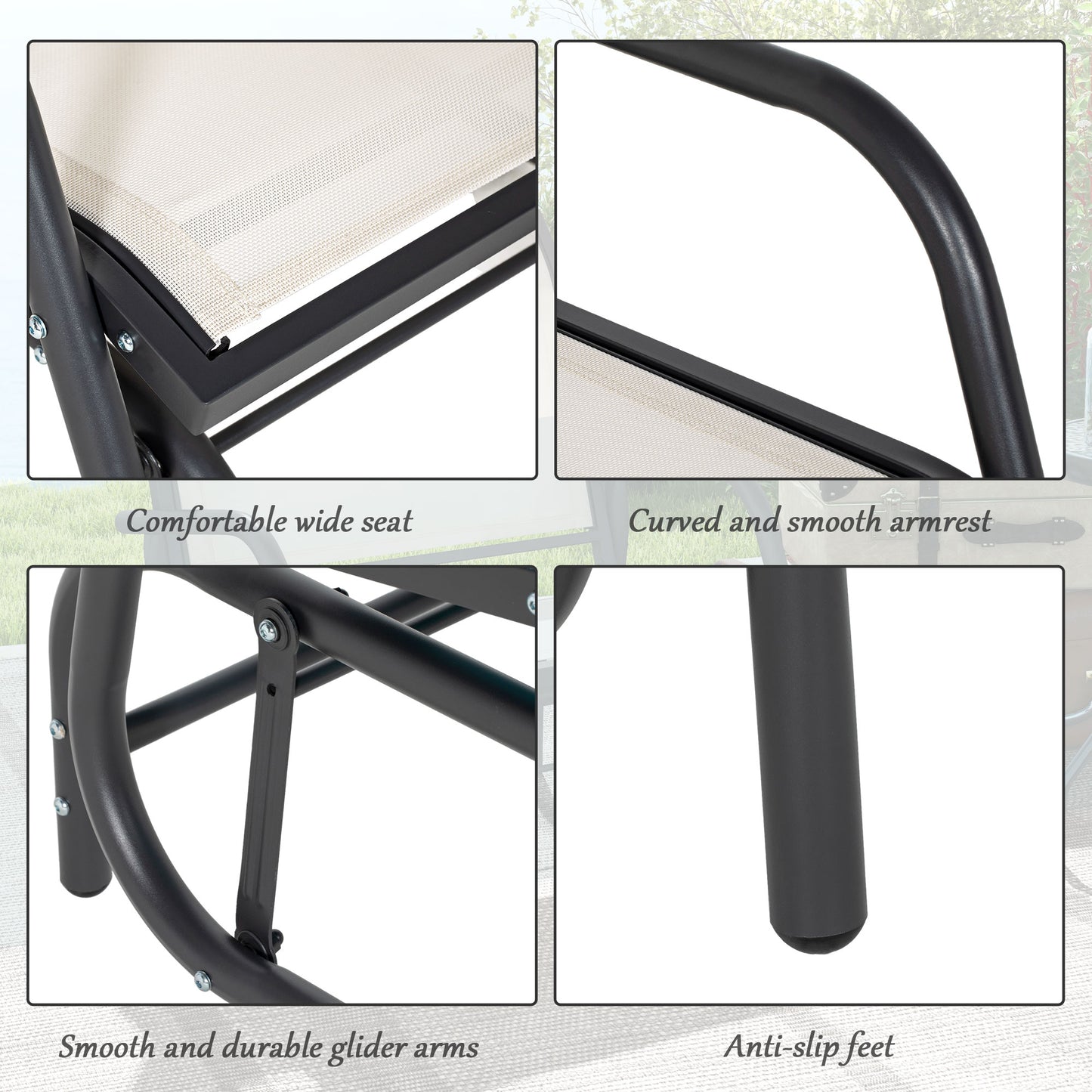 Outsunny Porch Glider Set of 2, Metal Frame Swing Glider Chairs with Breathable Mesh Fabric, Curved Armrests and Steel Frame for Garden, Poolside, Backyard, Balcony, Cream White