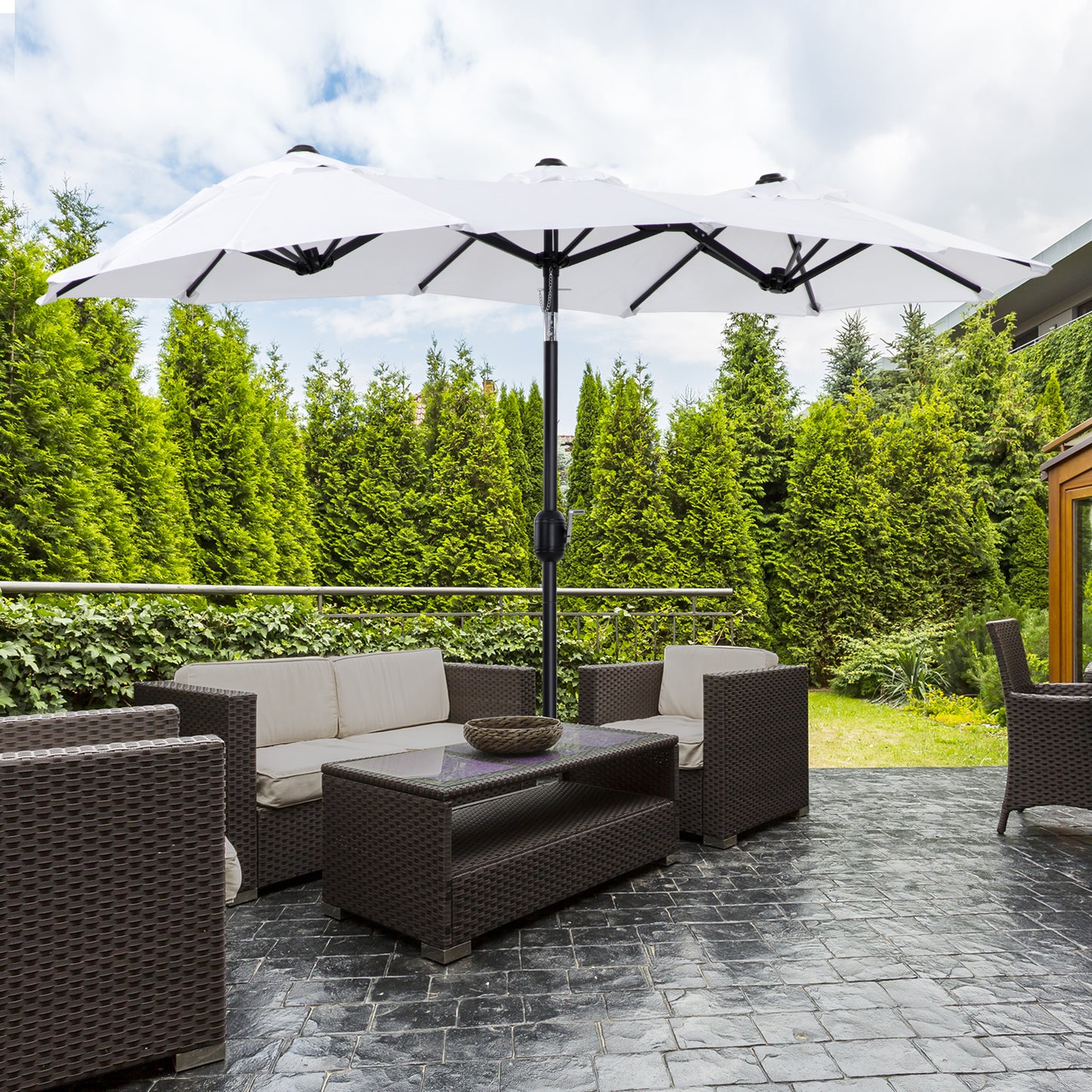 Outsunny Double-sided Patio Umbrella 9.5' Large Outdoor Market Umbrella with Push Button Tilt and Crank, 3 Air Vents and 12 Ribs, for Garden, Deck, Pool, White