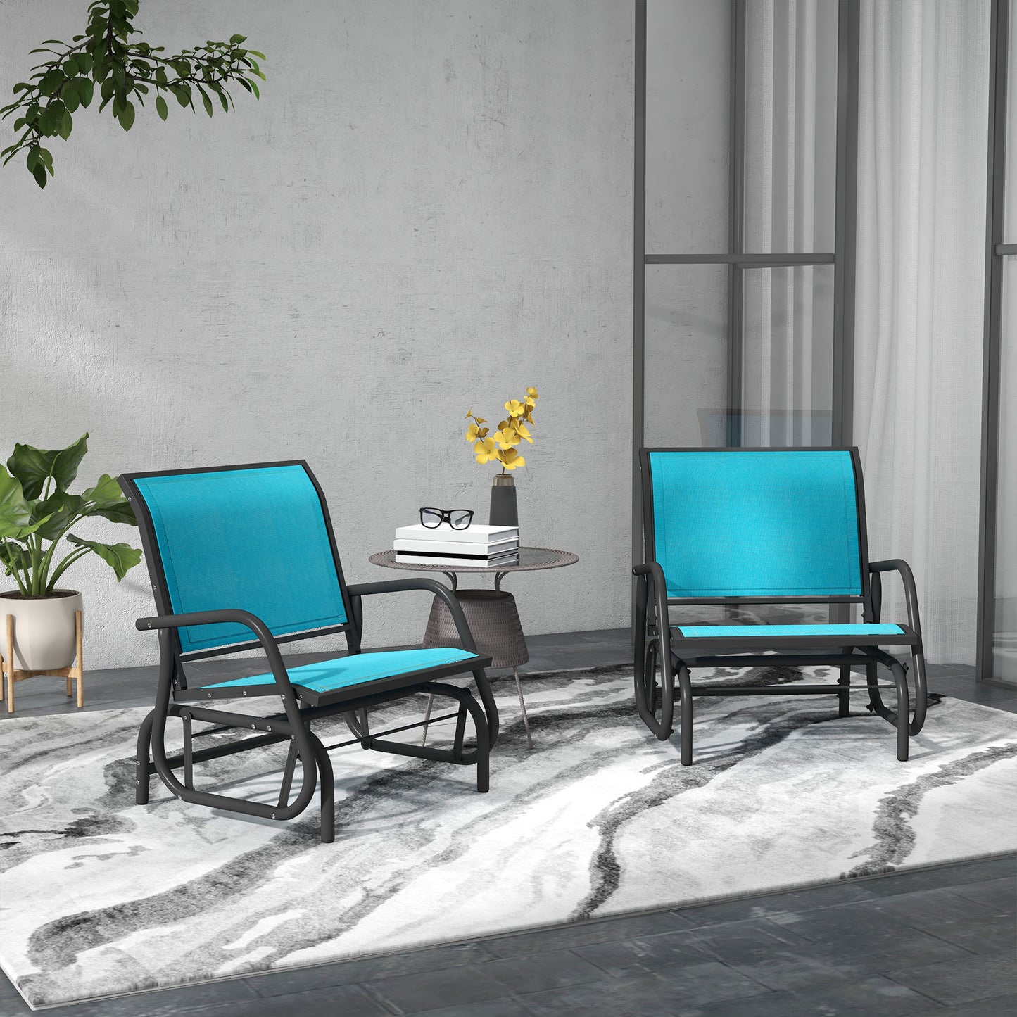 Outsunny Porch Glider Set of 2, Metal Frame Swing Glider Chairs with Breathable Mesh Fabric, Curved Armrests and Steel Frame for Garden, Poolside, Backyard, Balcony, Blue