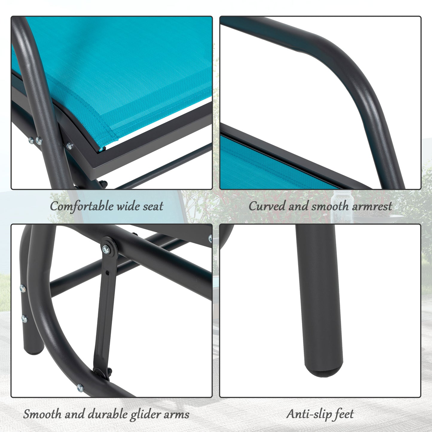 Outsunny Porch Glider Set of 2, Metal Frame Swing Glider Chairs with Breathable Mesh Fabric, Curved Armrests and Steel Frame for Garden, Poolside, Backyard, Balcony, Blue