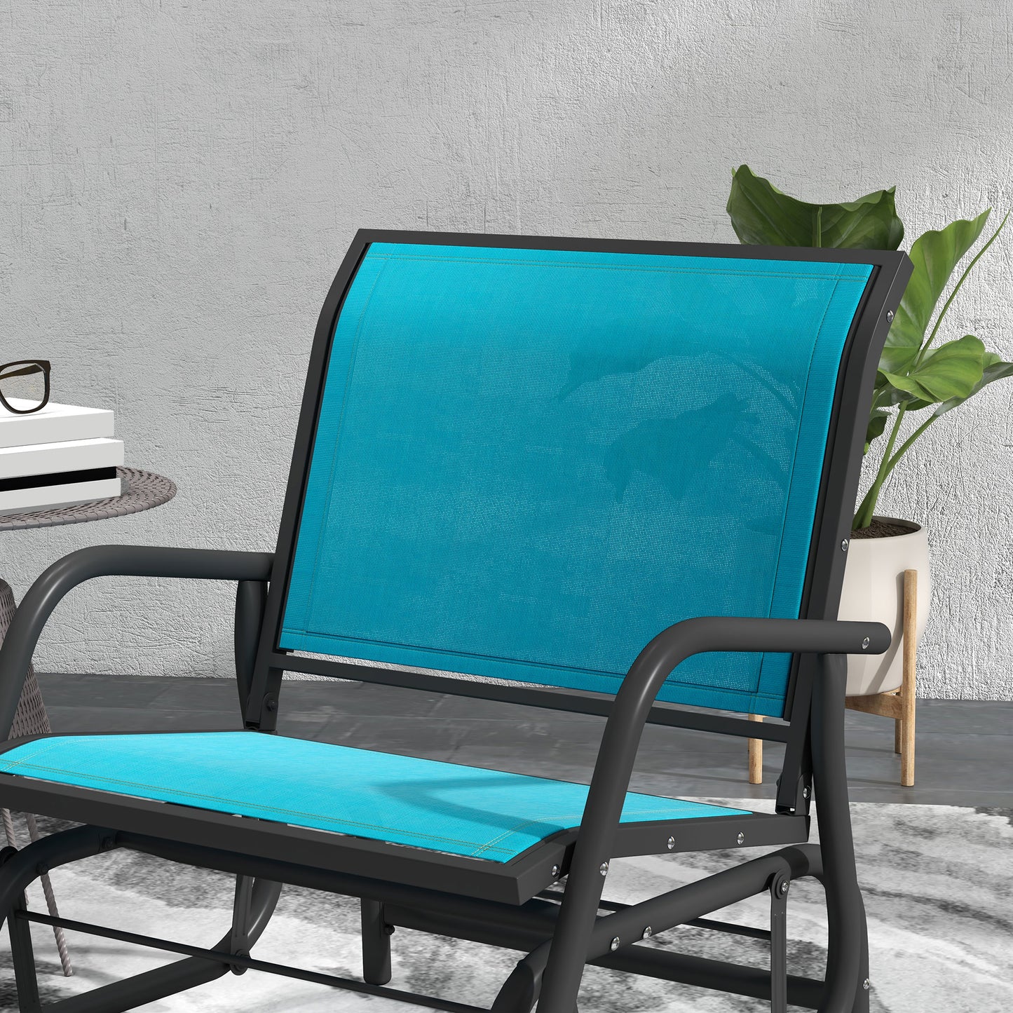 Outsunny Porch Glider Set of 2, Metal Frame Swing Glider Chairs with Breathable Mesh Fabric, Curved Armrests and Steel Frame for Garden, Poolside, Backyard, Balcony, Blue