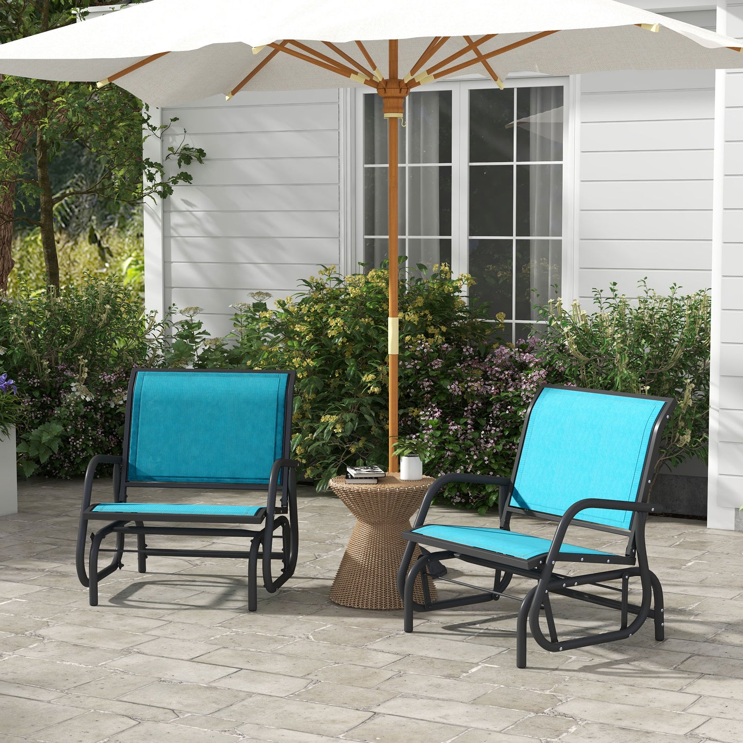 Outsunny Porch Glider Set of 2, Metal Frame Swing Glider Chairs with Breathable Mesh Fabric, Curved Armrests and Steel Frame for Garden, Poolside, Backyard, Balcony, Blue