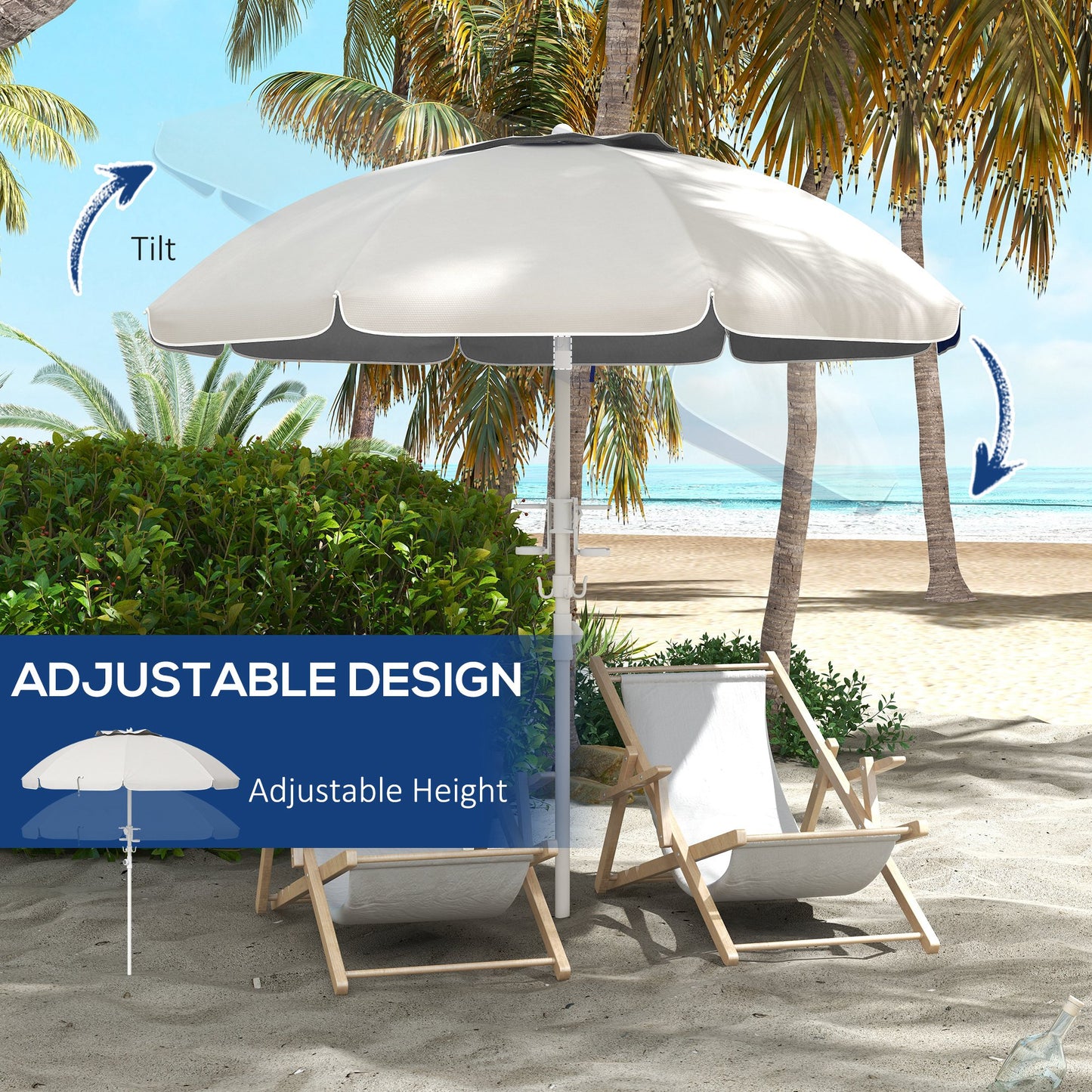 Outsunny 5.7' Portable Beach Umbrella with Tilt, Adjustable Height, 2 Cup Holders & Hooks, UV 40+ Ruffled Outdoor Umbrella with Vented Canopy, Cream White