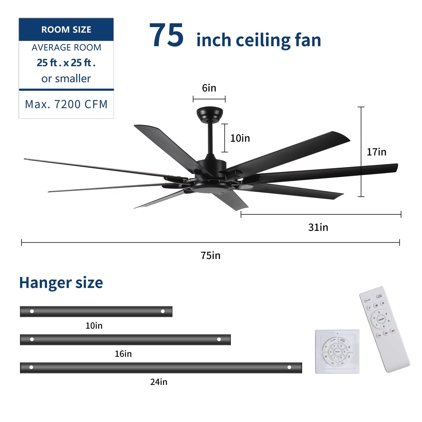 75 Inch Industrial DC Motor Ceiling Fan no light, Large Ceiling Fan with 8 Reversible Blades, 3 Downrods, 6-Speed Remote Control, Home or Commercial Ceiling Fans for Porch/Garage/Shop, Black