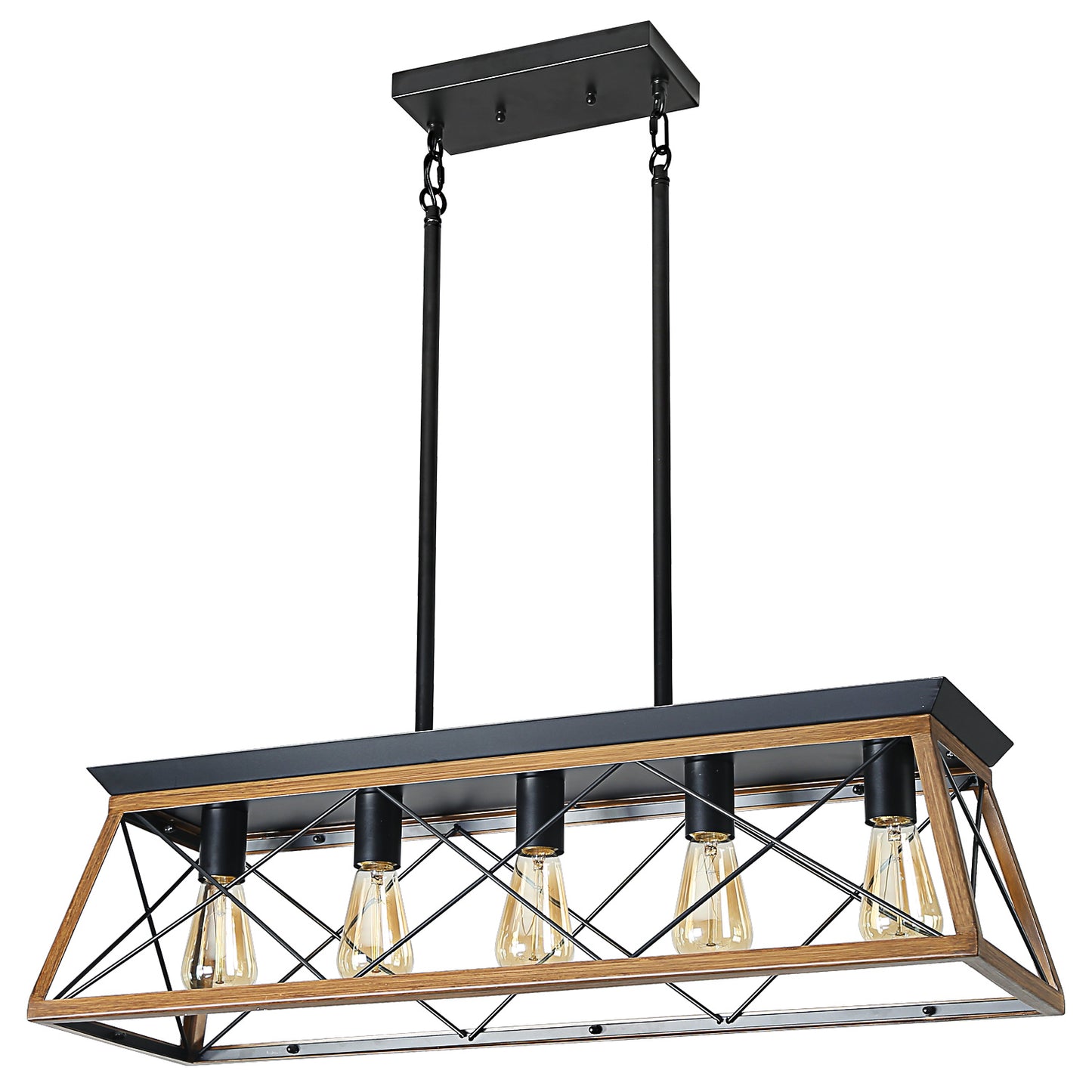 32" Walnut Industrial 5-Light Pendant Chandelier, Modern Metal Cage Design, Adjustable Hanging Light for Dining Room, Kitchen, Living Room