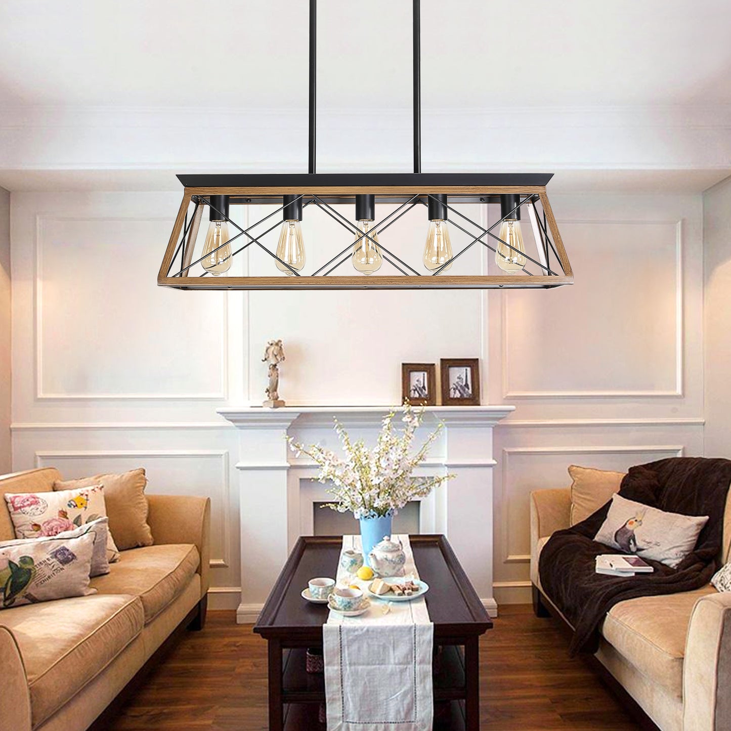 32" Walnut Industrial 5-Light Pendant Chandelier, Modern Metal Cage Design, Adjustable Hanging Light for Dining Room, Kitchen, Living Room