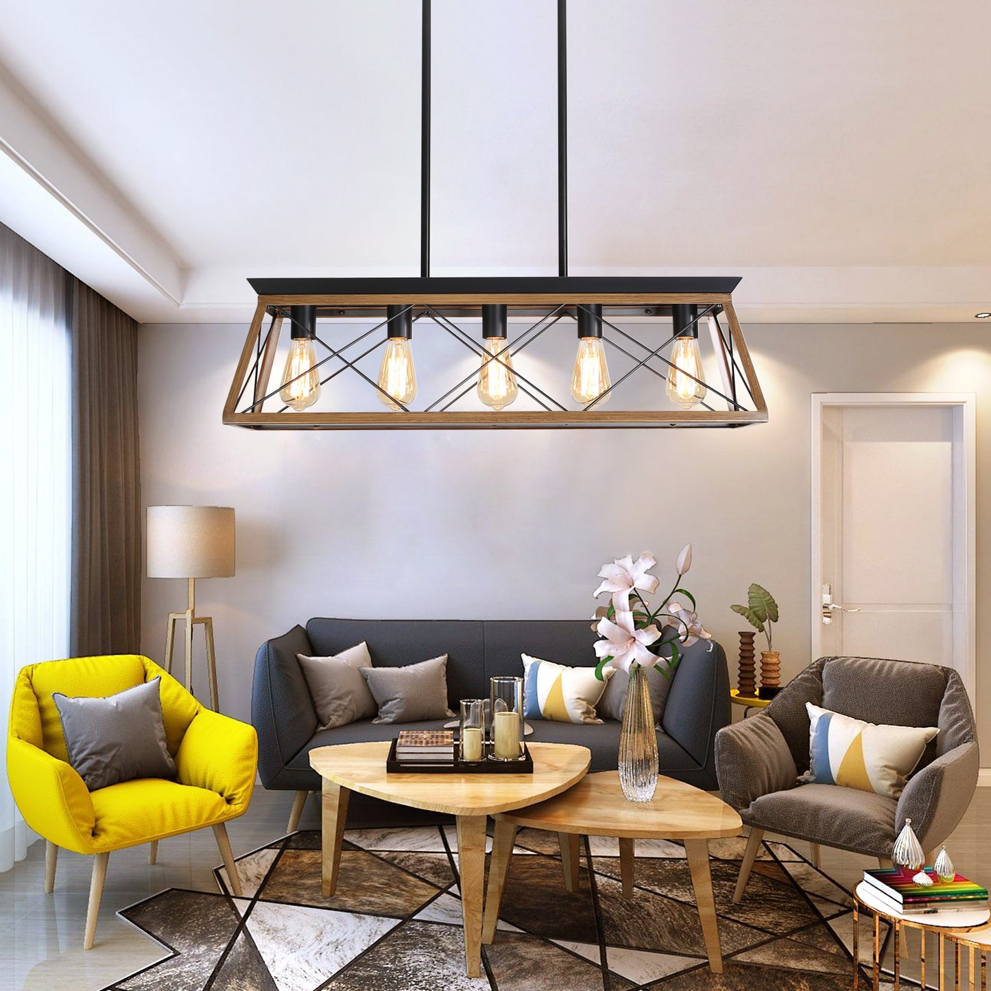 32" Walnut Industrial 5-Light Pendant Chandelier, Modern Metal Cage Design, Adjustable Hanging Light for Dining Room, Kitchen, Living Room