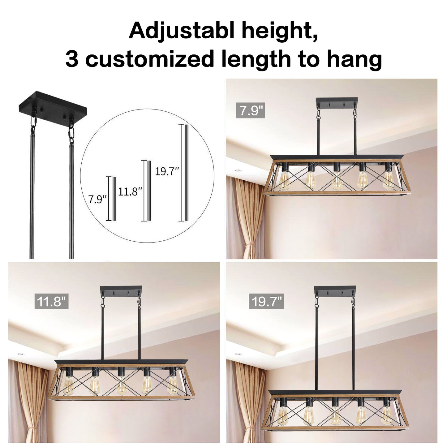 32" Walnut Industrial 5-Light Pendant Chandelier, Modern Metal Cage Design, Adjustable Hanging Light for Dining Room, Kitchen, Living Room