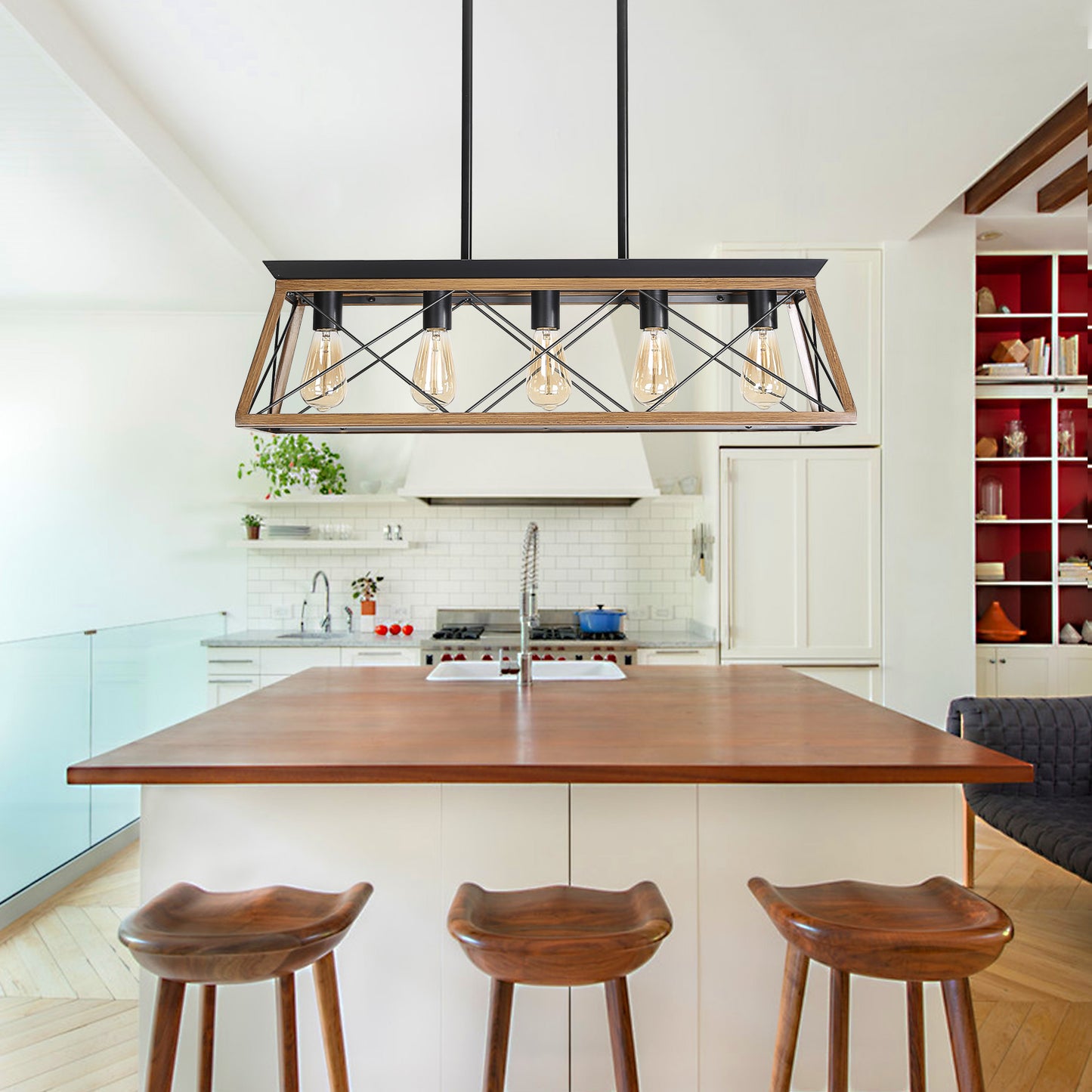 32" Walnut Industrial 5-Light Pendant Chandelier, Modern Metal Cage Design, Adjustable Hanging Light for Dining Room, Kitchen, Living Room