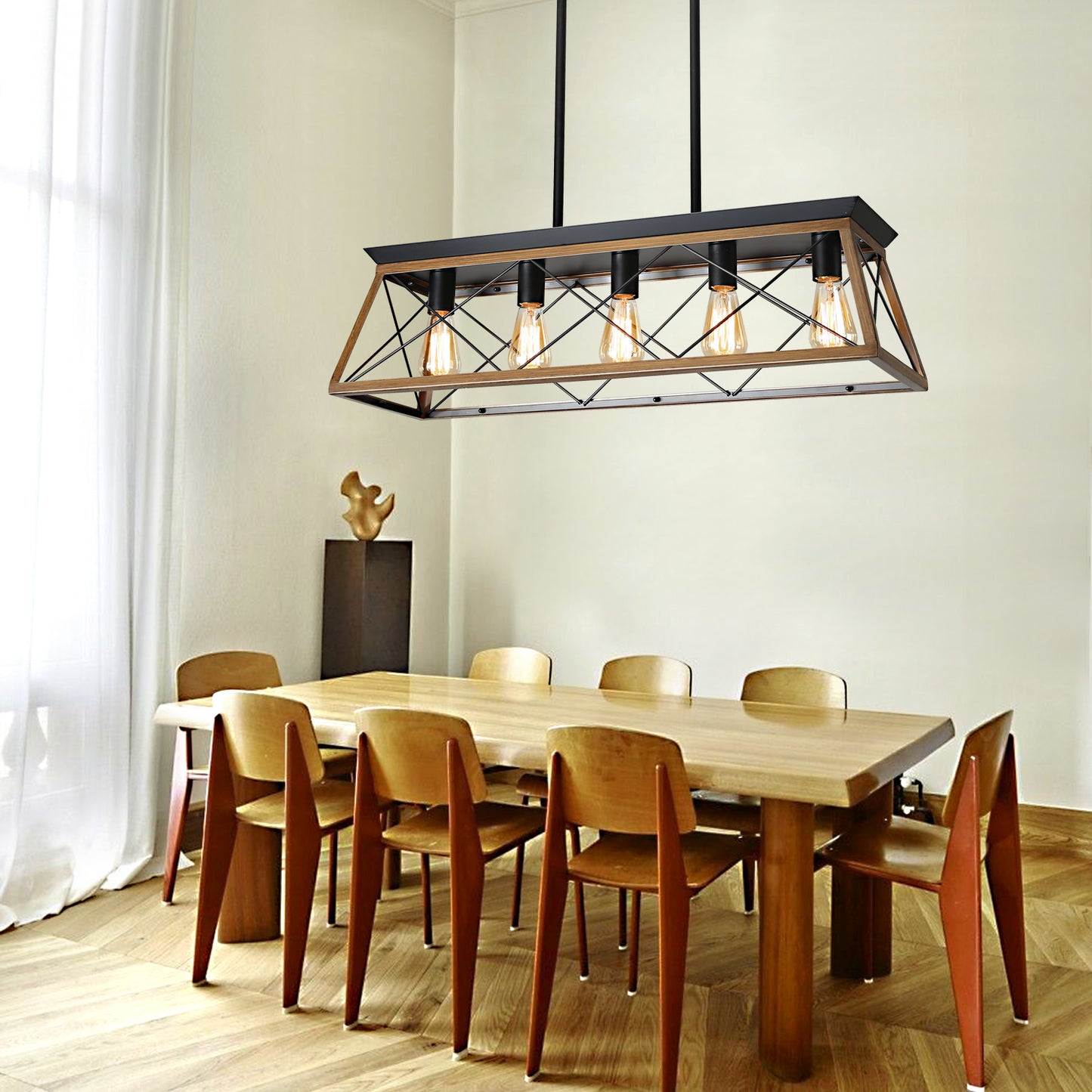 32" Walnut Industrial 5-Light Pendant Chandelier, Modern Metal Cage Design, Adjustable Hanging Light for Dining Room, Kitchen, Living Room