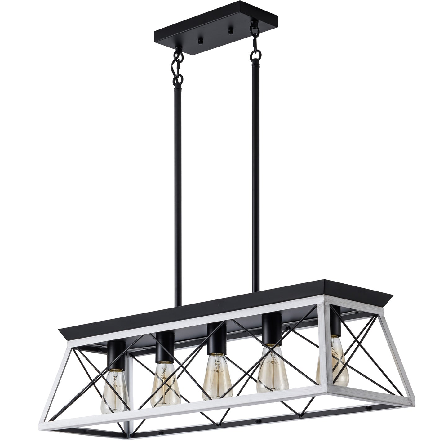 32" Black White Industrial 5-Light Pendant Chandelier, Modern Metal Cage Design, Adjustable Hanging Light for Dining Room, Kitchen, Living Room