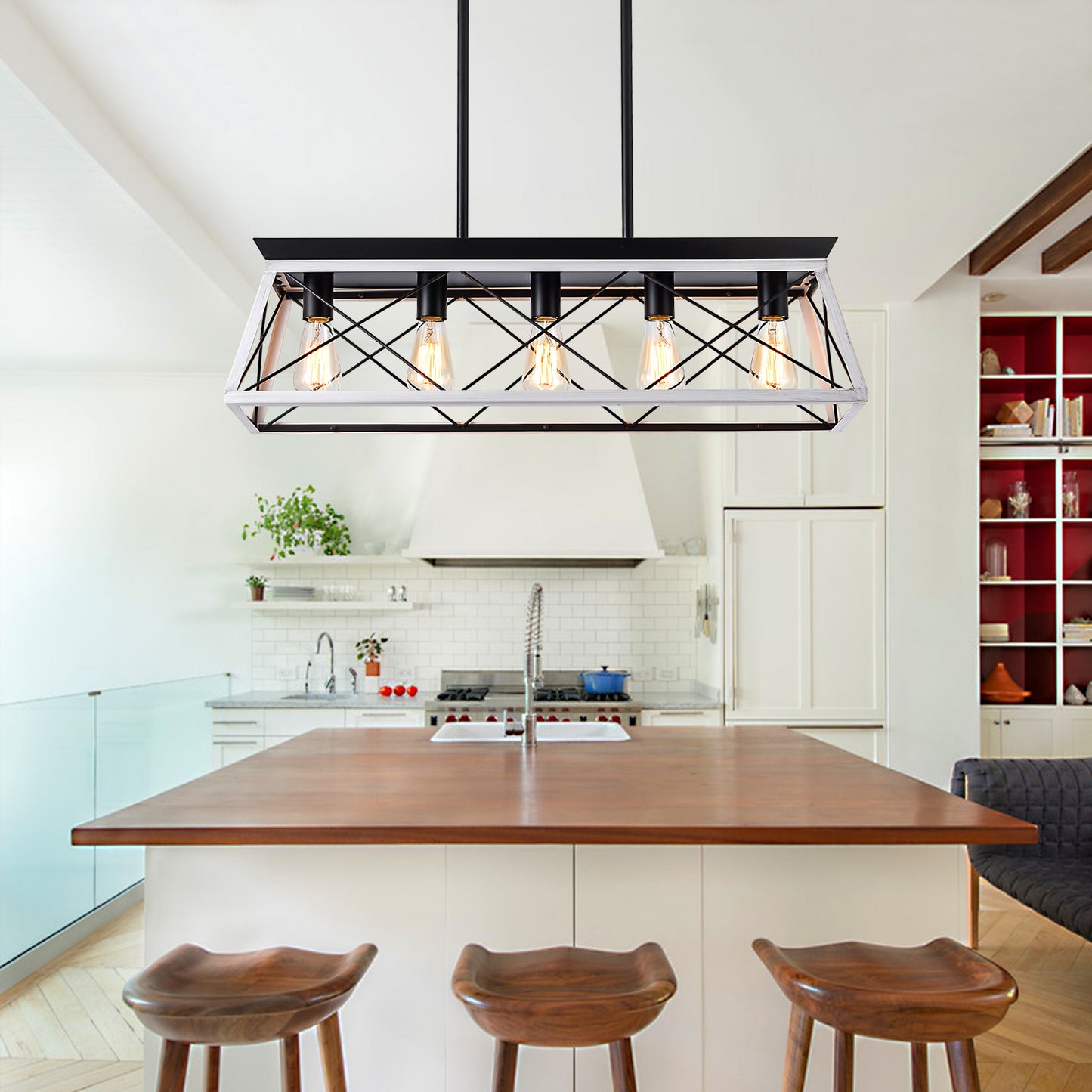 32" Black White Industrial 5-Light Pendant Chandelier, Modern Metal Cage Design, Adjustable Hanging Light for Dining Room, Kitchen, Living Room