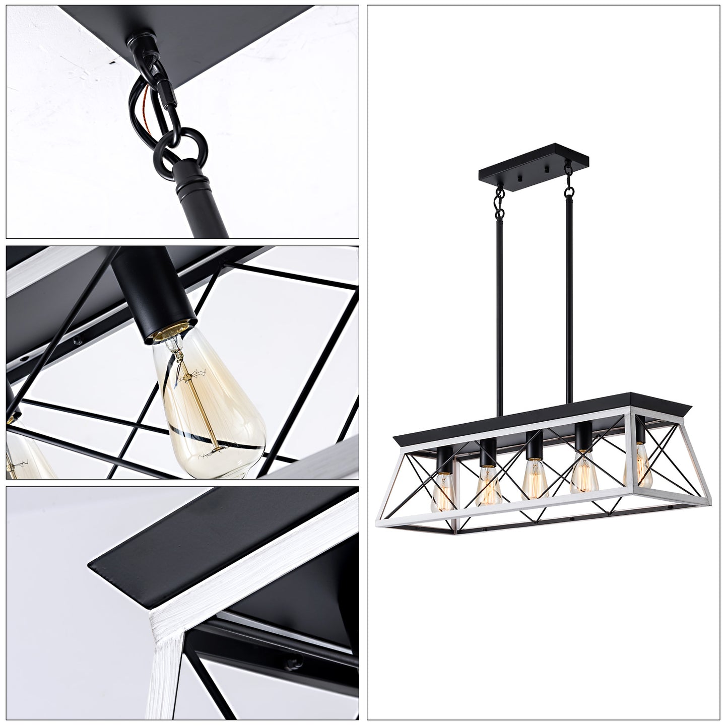 32" Black White Industrial 5-Light Pendant Chandelier, Modern Metal Cage Design, Adjustable Hanging Light for Dining Room, Kitchen, Living Room