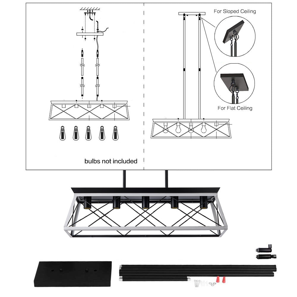 32" Black White Industrial 5-Light Pendant Chandelier, Modern Metal Cage Design, Adjustable Hanging Light for Dining Room, Kitchen, Living Room