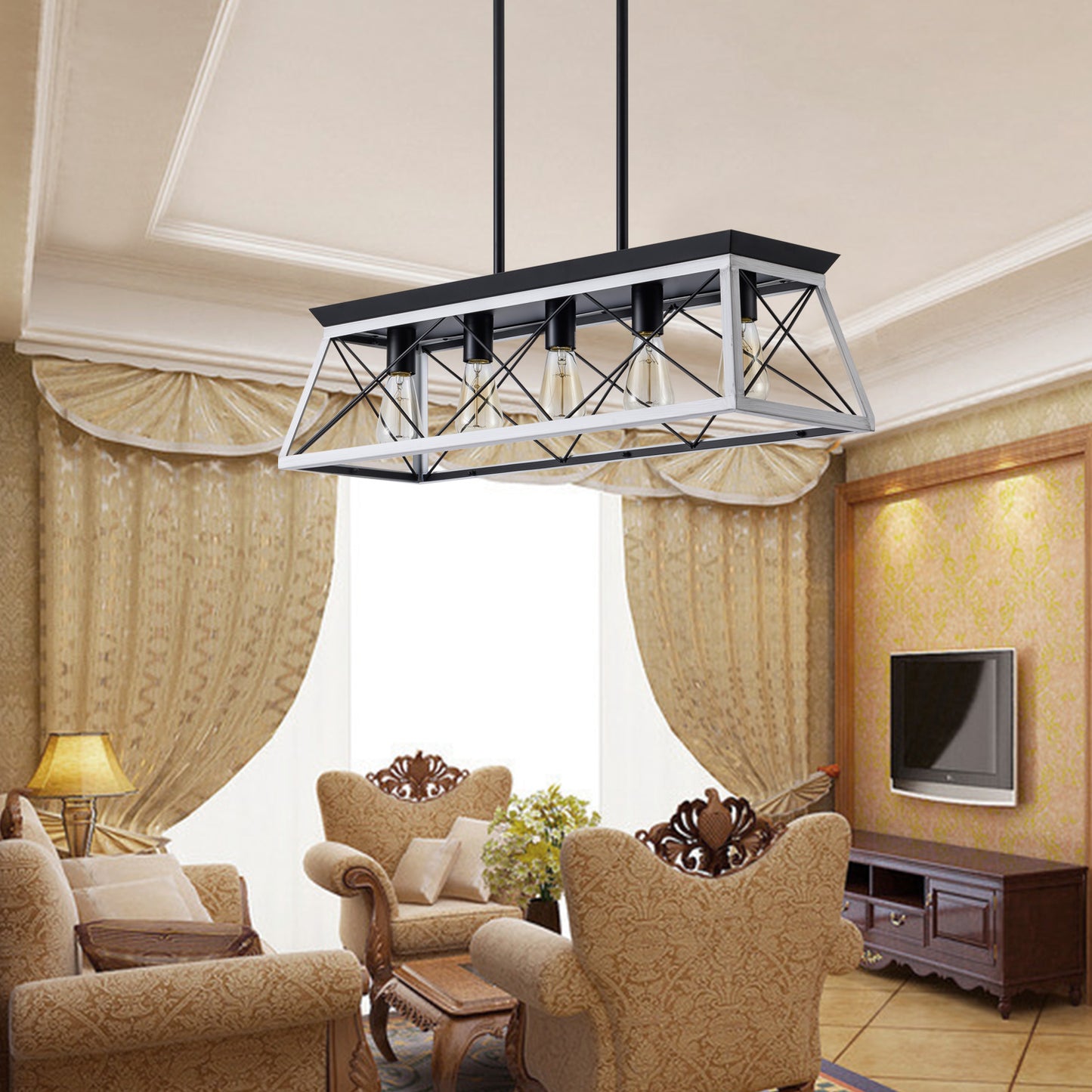 32" Black White Industrial 5-Light Pendant Chandelier, Modern Metal Cage Design, Adjustable Hanging Light for Dining Room, Kitchen, Living Room