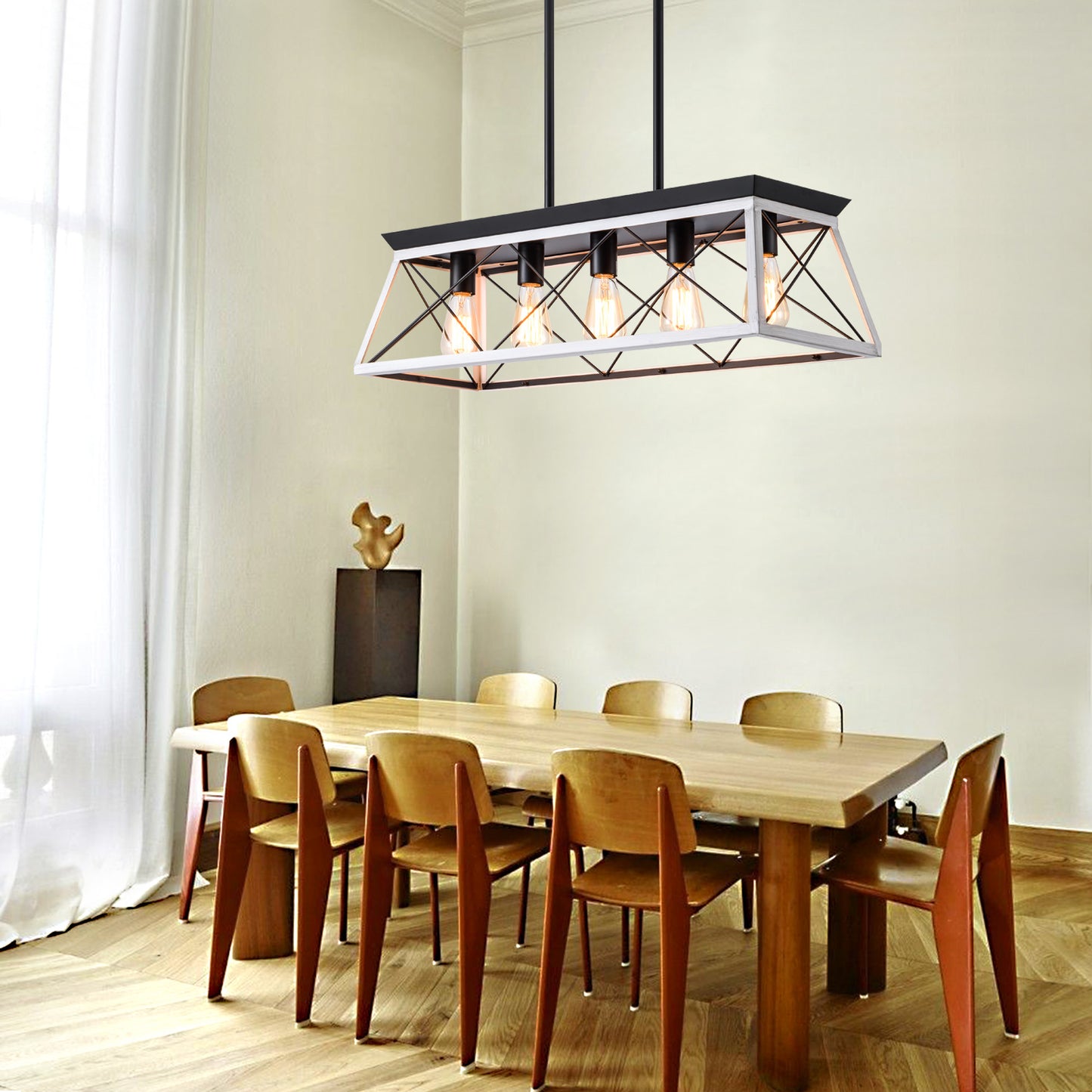 32" Black White Industrial 5-Light Pendant Chandelier, Modern Metal Cage Design, Adjustable Hanging Light for Dining Room, Kitchen, Living Room