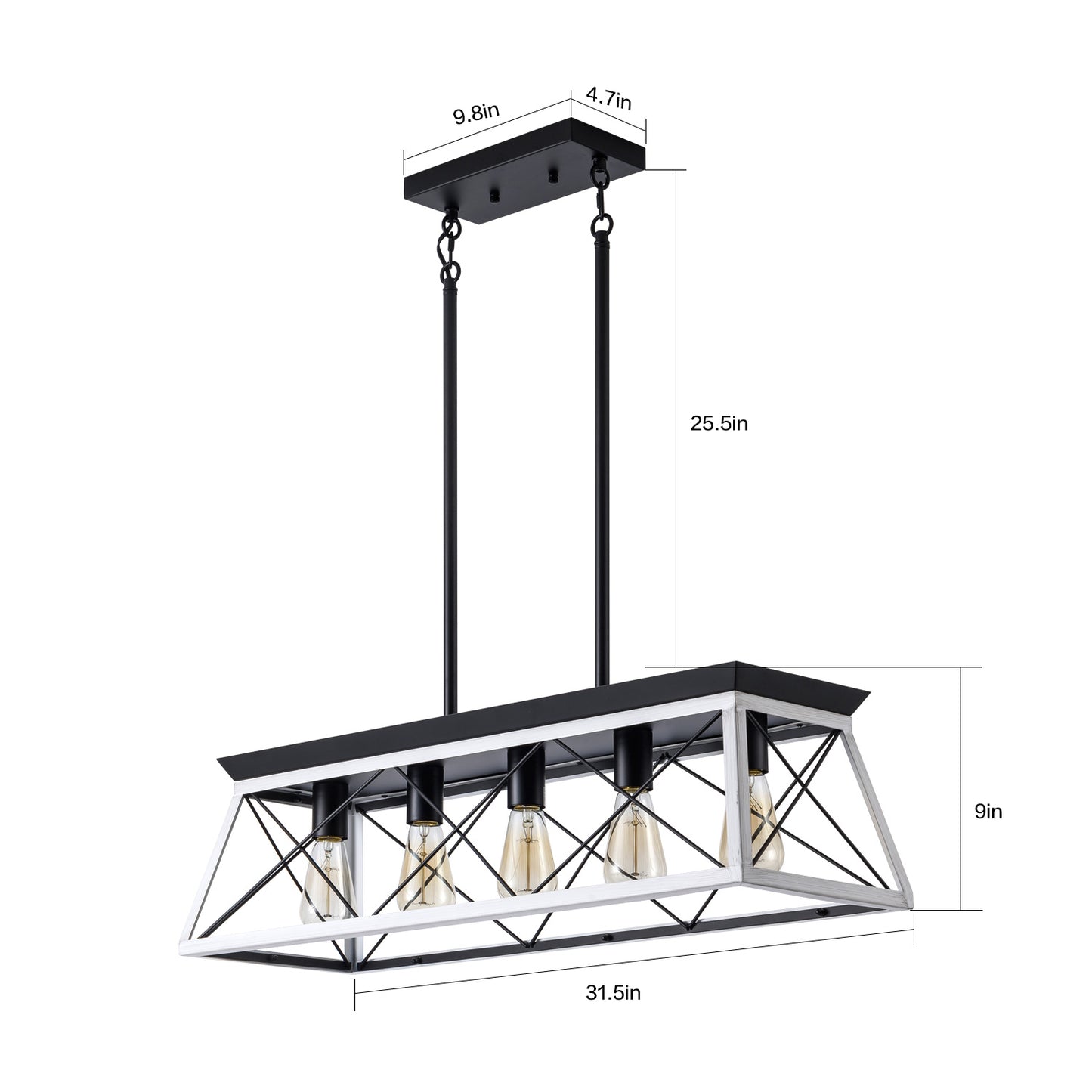 32" Black White Industrial 5-Light Pendant Chandelier, Modern Metal Cage Design, Adjustable Hanging Light for Dining Room, Kitchen, Living Room