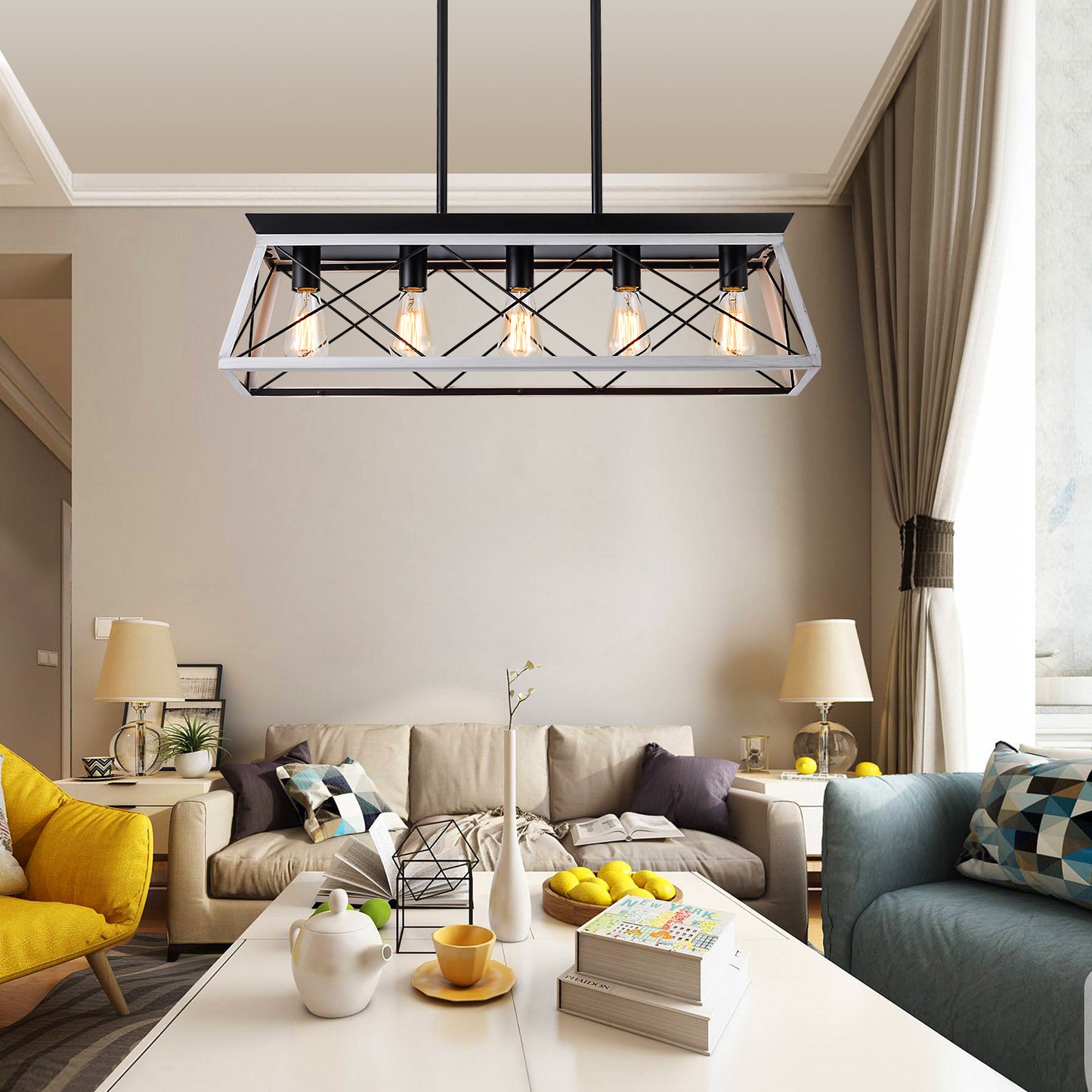 32" Black White Industrial 5-Light Pendant Chandelier, Modern Metal Cage Design, Adjustable Hanging Light for Dining Room, Kitchen, Living Room