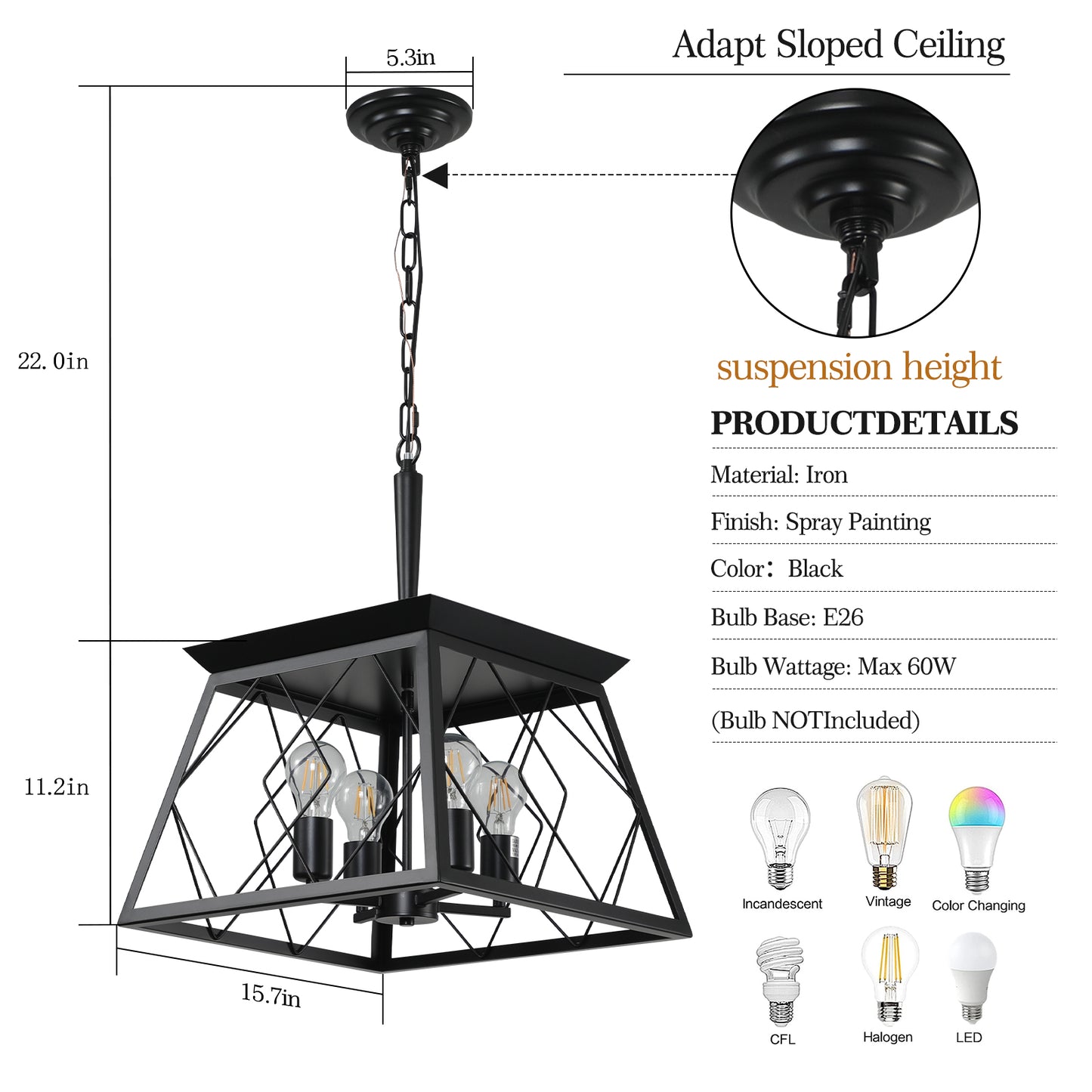 16" Black Industrial 4-Light Pendant Chandelier, Modern Metal Cage Design, Adjustable Hanging Light for Dining Room, Kitchen, Living Room