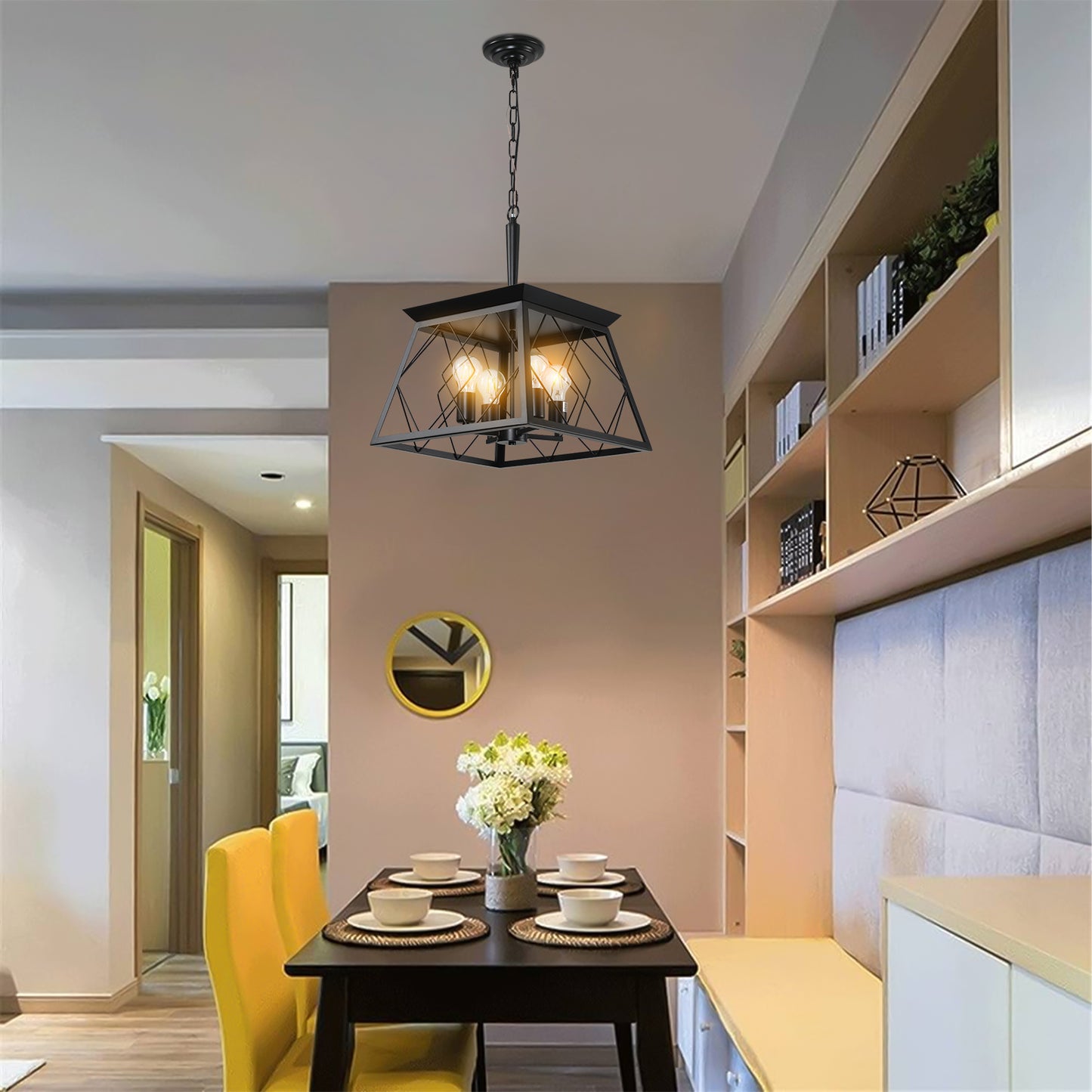 16" Black Industrial 4-Light Pendant Chandelier, Modern Metal Cage Design, Adjustable Hanging Light for Dining Room, Kitchen, Living Room