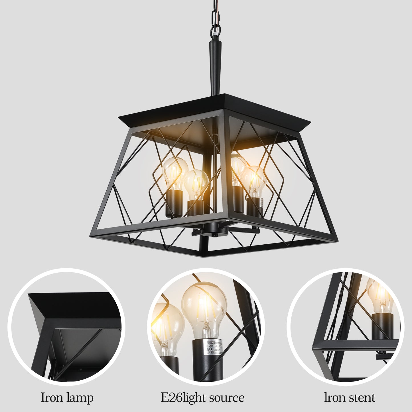 16" Black Industrial 4-Light Pendant Chandelier, Modern Metal Cage Design, Adjustable Hanging Light for Dining Room, Kitchen, Living Room