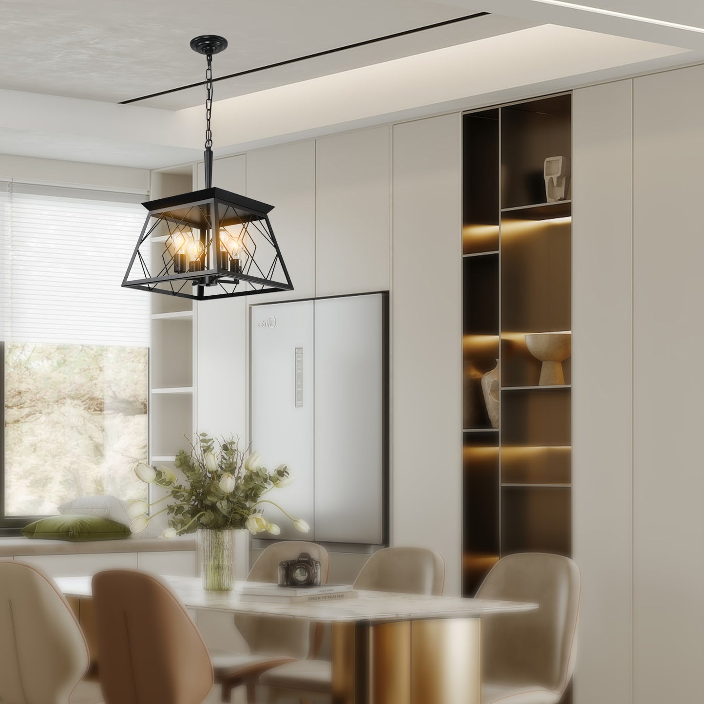 16" Black Industrial 4-Light Pendant Chandelier, Modern Metal Cage Design, Adjustable Hanging Light for Dining Room, Kitchen, Living Room