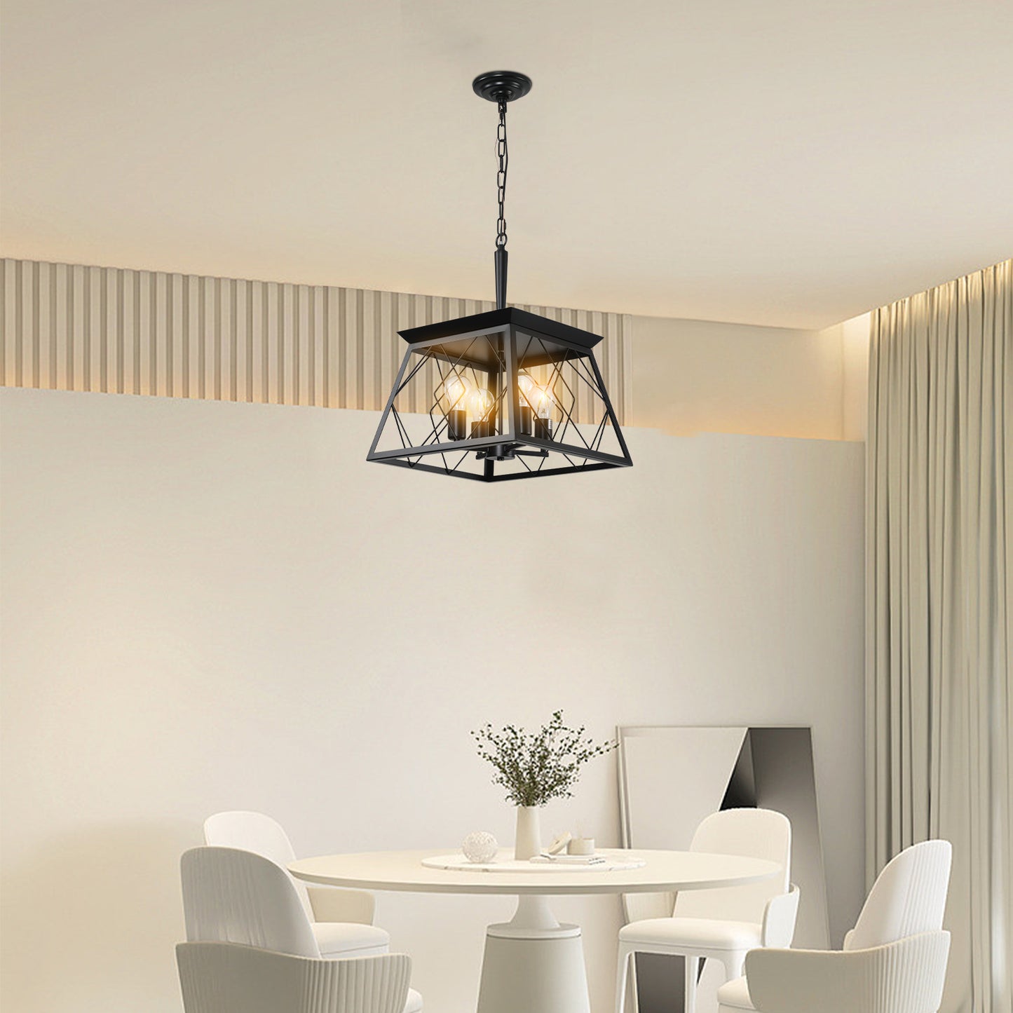 16" Black Industrial 4-Light Pendant Chandelier, Modern Metal Cage Design, Adjustable Hanging Light for Dining Room, Kitchen, Living Room