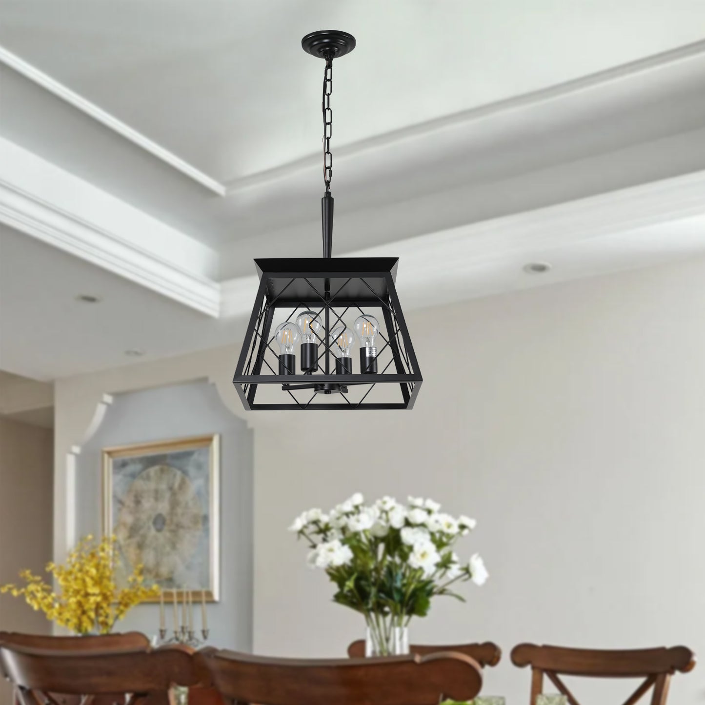 16" Black Industrial 4-Light Pendant Chandelier, Modern Metal Cage Design, Adjustable Hanging Light for Dining Room, Kitchen, Living Room